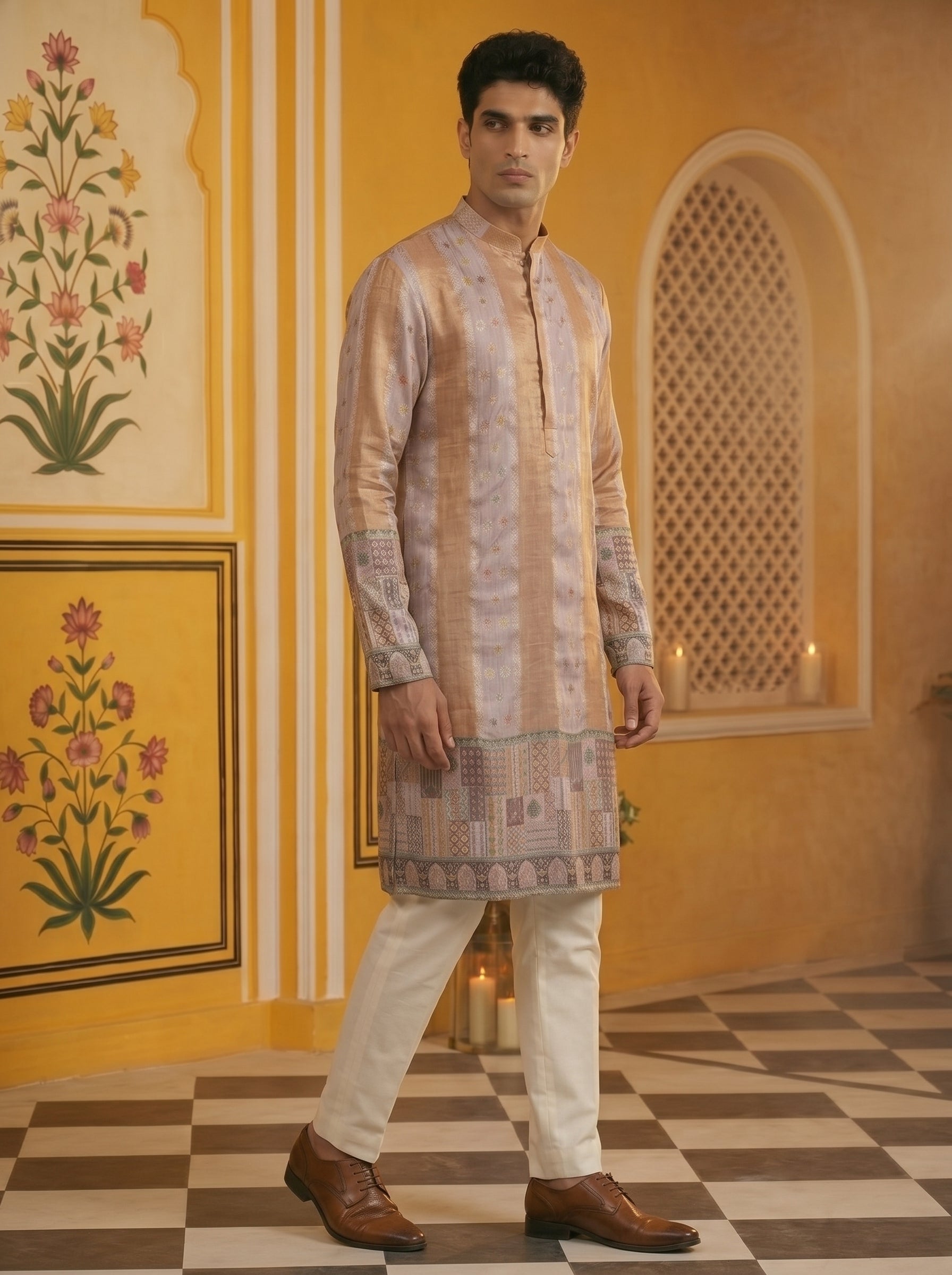 Aespen Beige Jacquard Kurta For Men With Floral Zari Embroidery - Aespenfashion.com