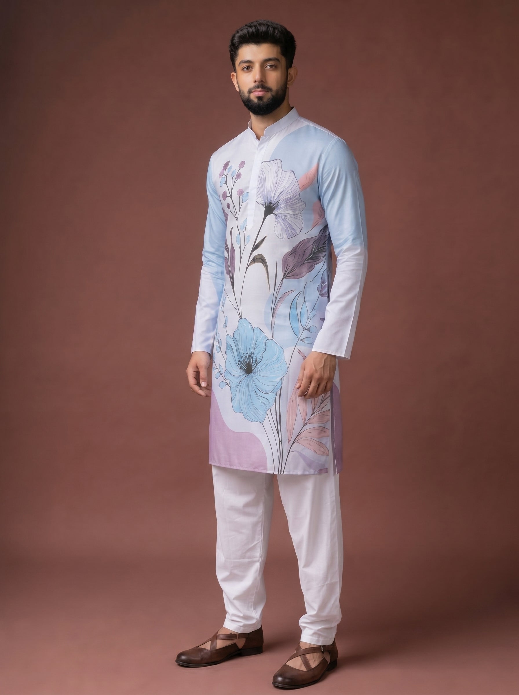 Aespen Light Blue  Kurta For Men With Floral Foil Print - Aespenfashion.com