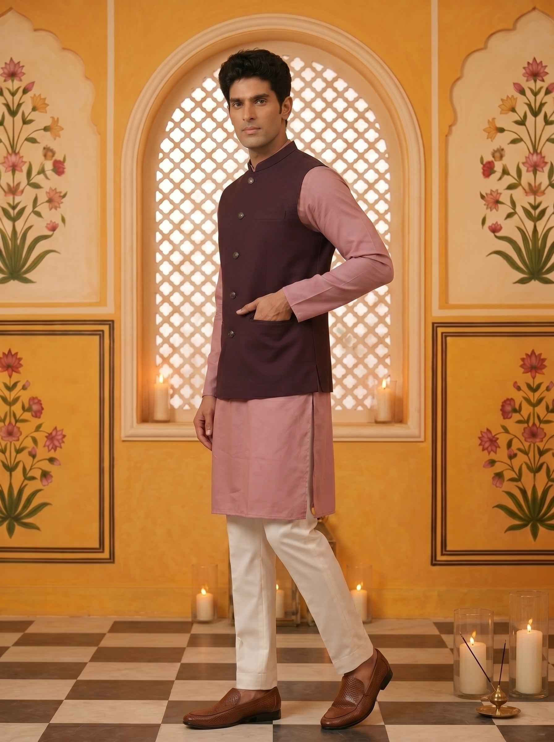Aespen Royal Wine Lurex Cotton Nehru Jacket For Men - Aespenfashion.com