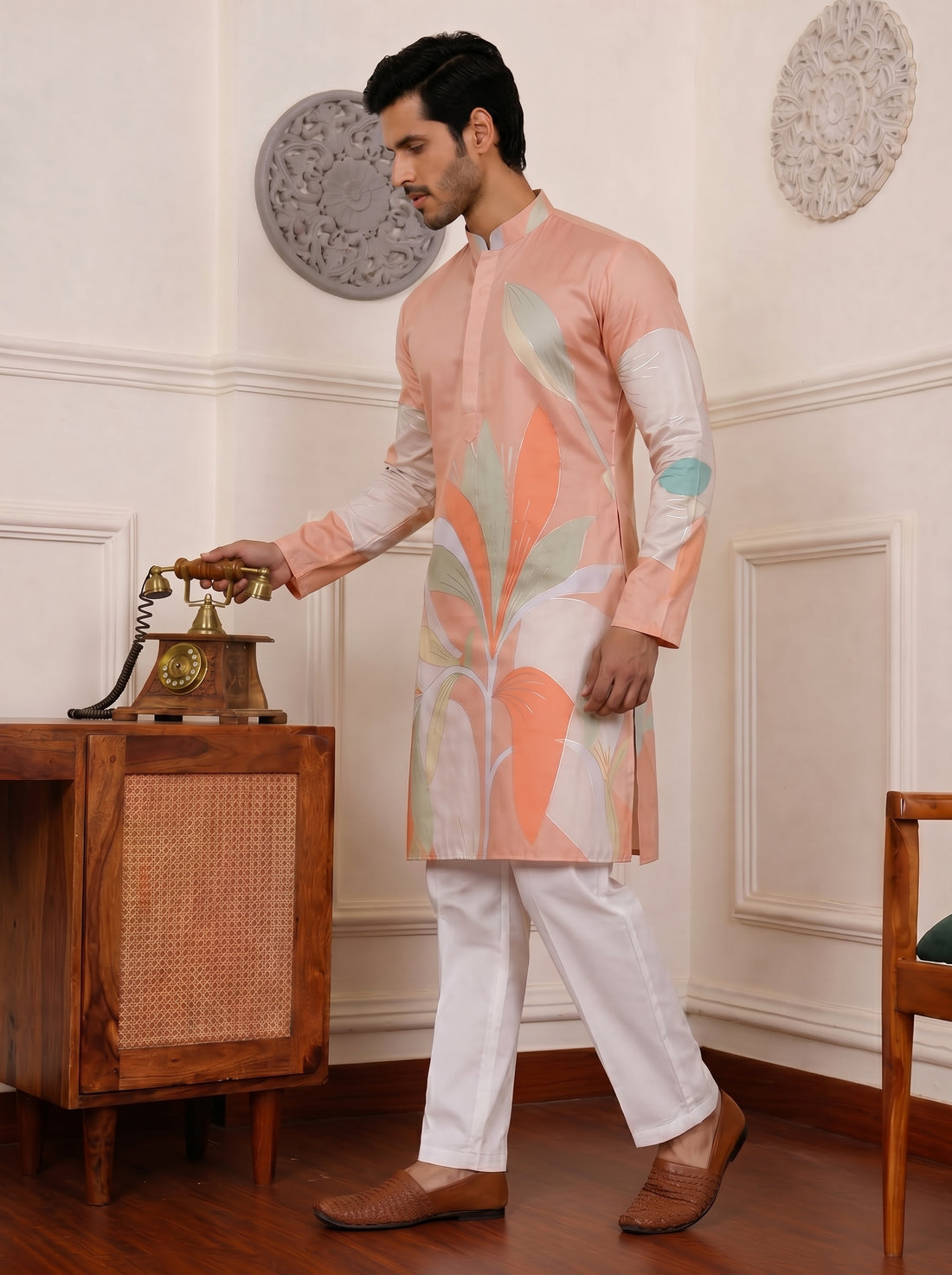 Aespen Caramel Kurta For Men With Floral Foil Print - Aespenfashion.com