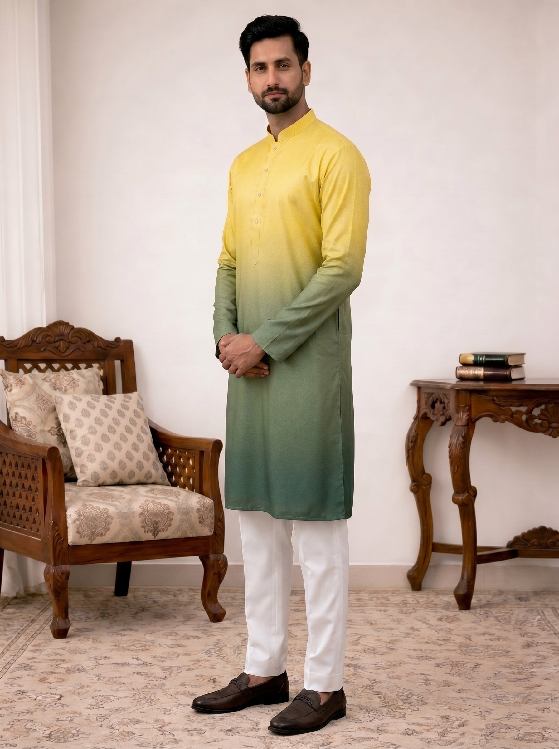 Aespen Yellow and Green Ombre Kurta For Men - Aespenfashion.com