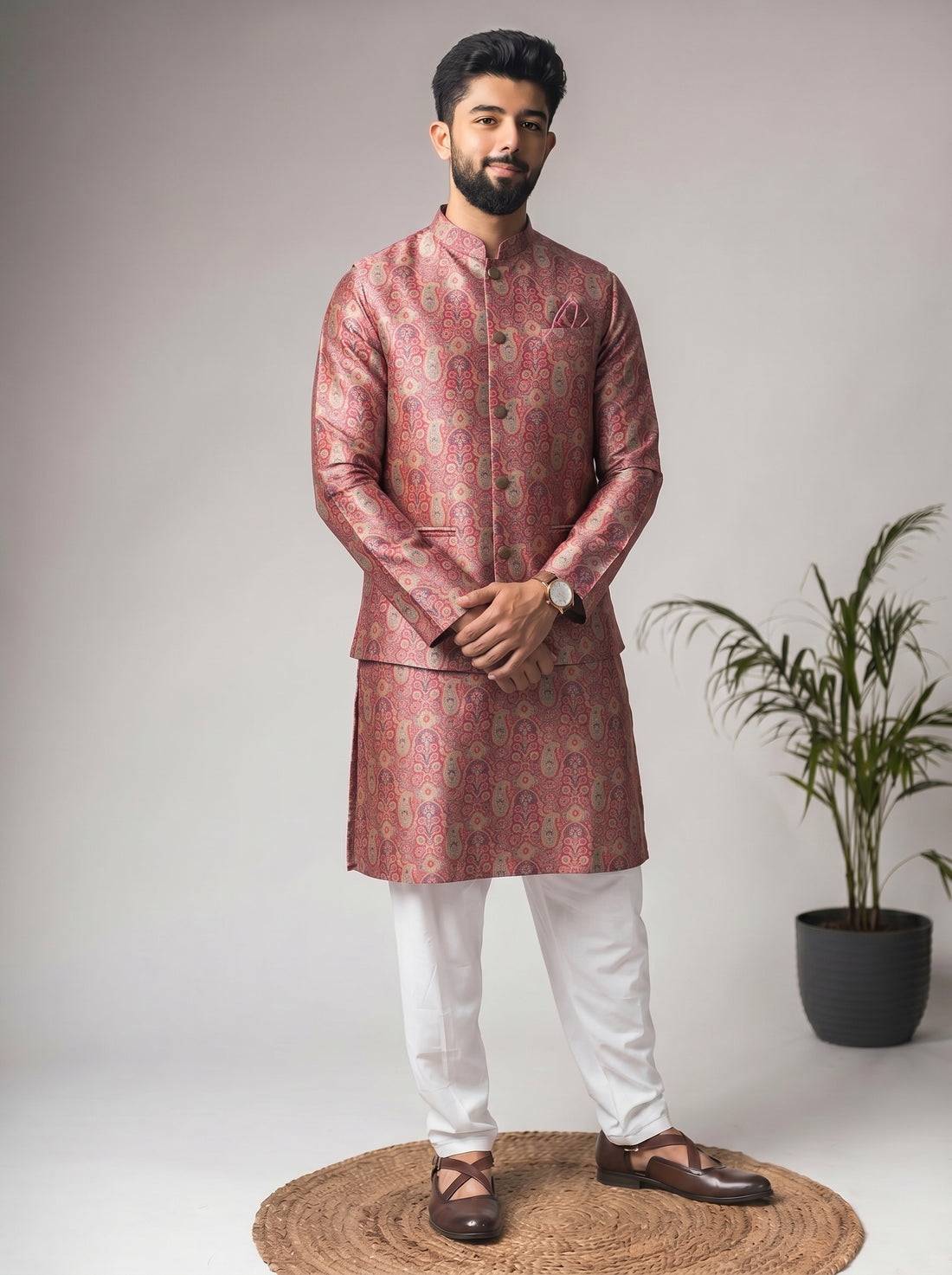 Aespen Multi Jaquard Kurta Jacket Set For Men With Printed Design - Aespenfashion.com
