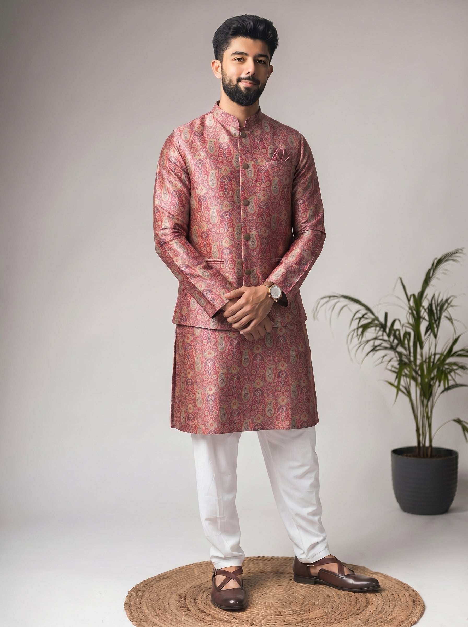 Aespen Multi Jaquard Kurta Jacket Set For Men With Printed Design - Aespenfashion.com