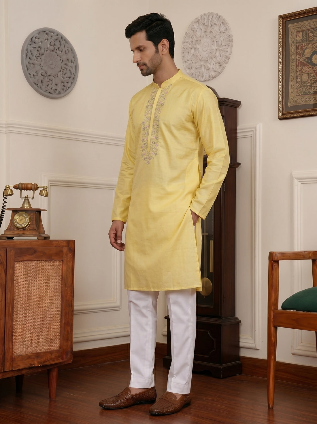 Aespen Yellow Kurta For Men With Thread and Sequins Embroidery - Aespenfashion.com