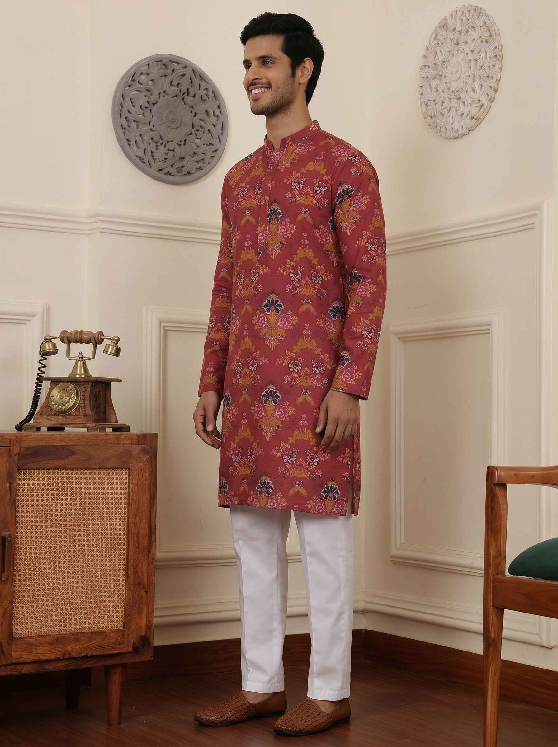 Aespen Maroon Crepe Kurta For Men With Ethnic Motif