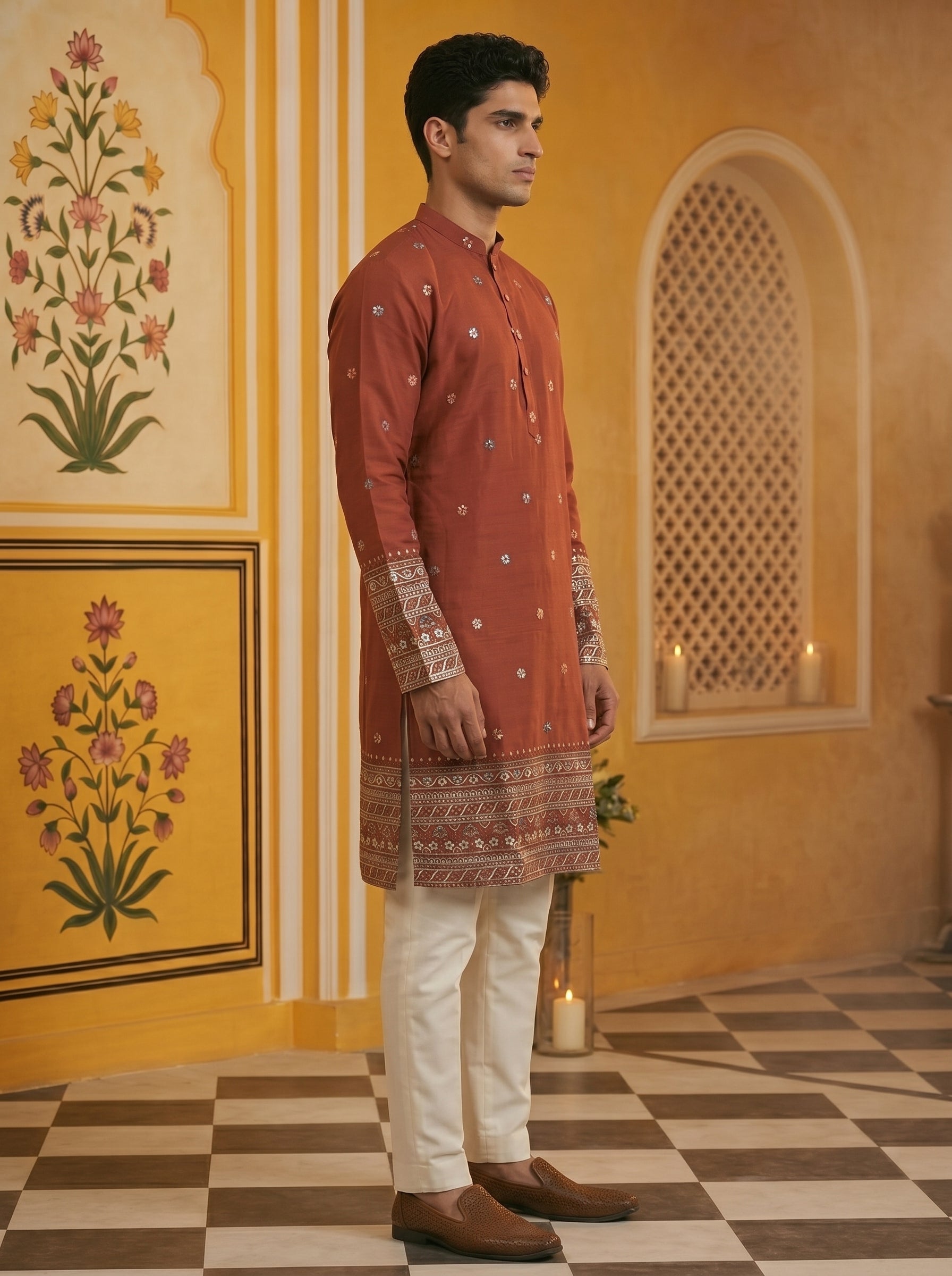 Aespen Maroon Kurta For Men With Thread and Sequins Embroidery - Aespenfashion.com