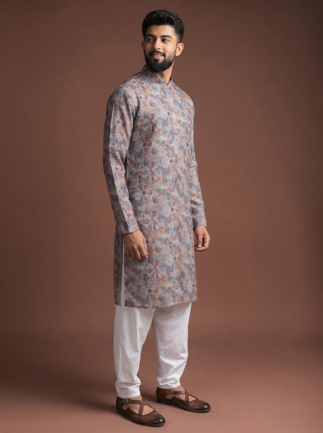 Aespen Grey Tissue Silk Kurta For Men With Abstract Motif - Aespenfashion.com