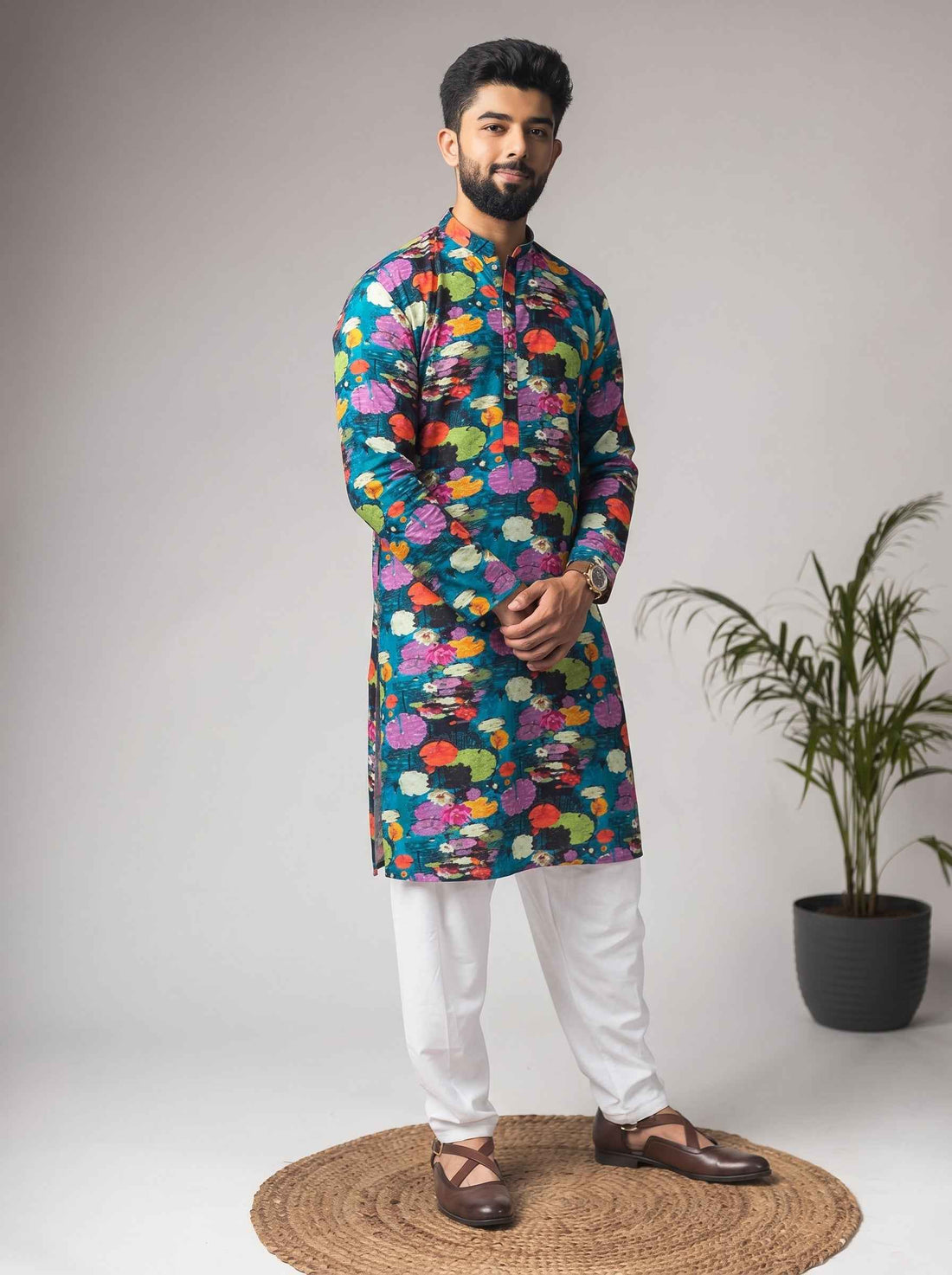 Aespen Teal Green Crepe Kurta For Men With Floral Motif