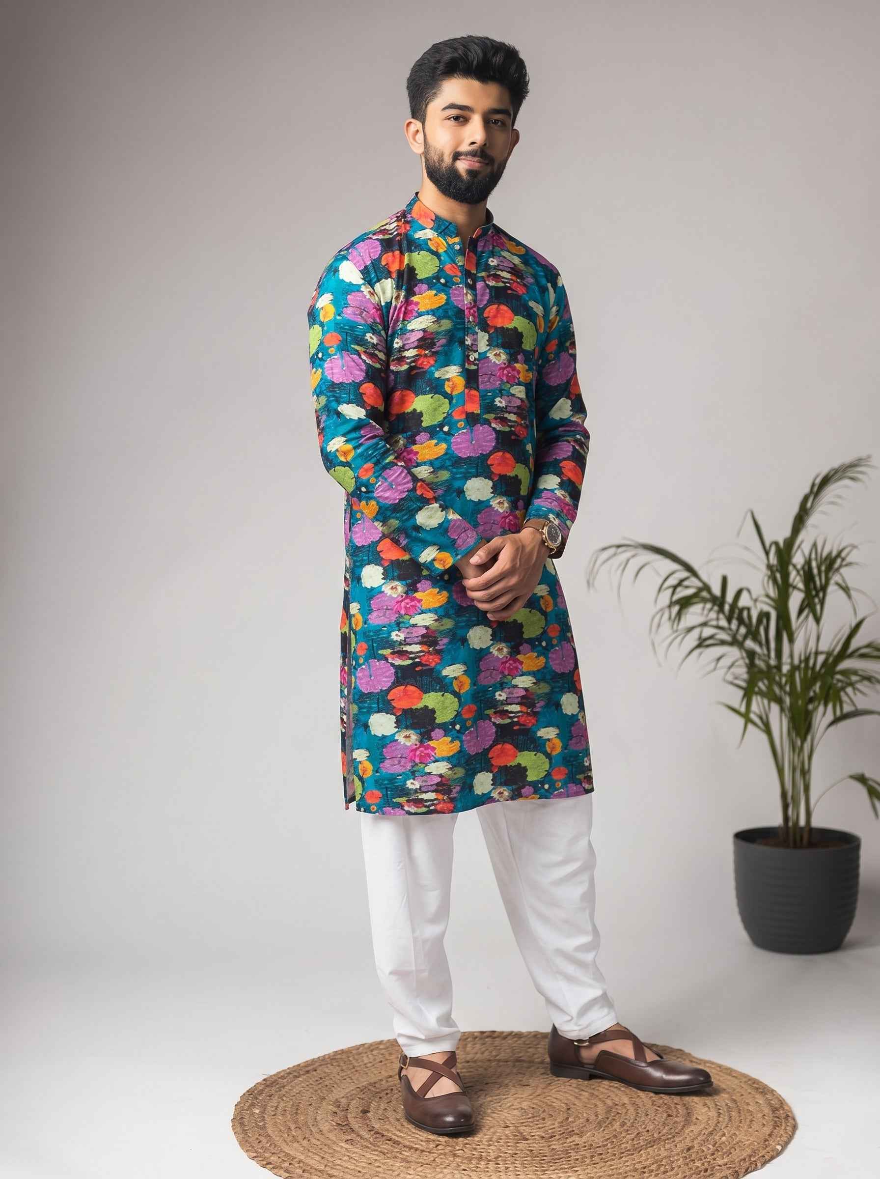 Aespen Teal Green Crepe Kurta For Men With Floral Motif
