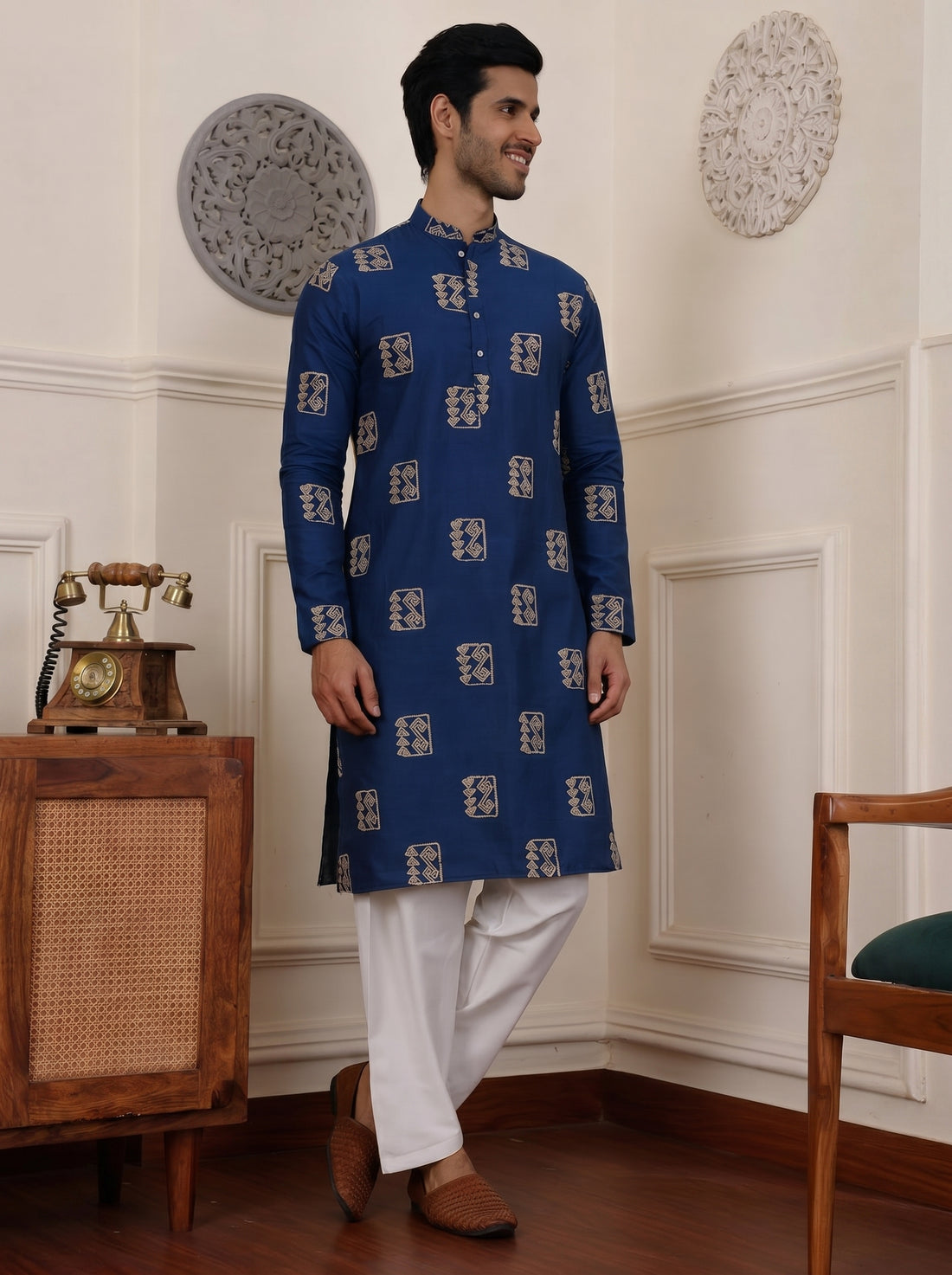 Aespen Teal Blue Cotton Silk Kurta For Men With Goemetric Embroidered Pattern - Aespenfashion.com