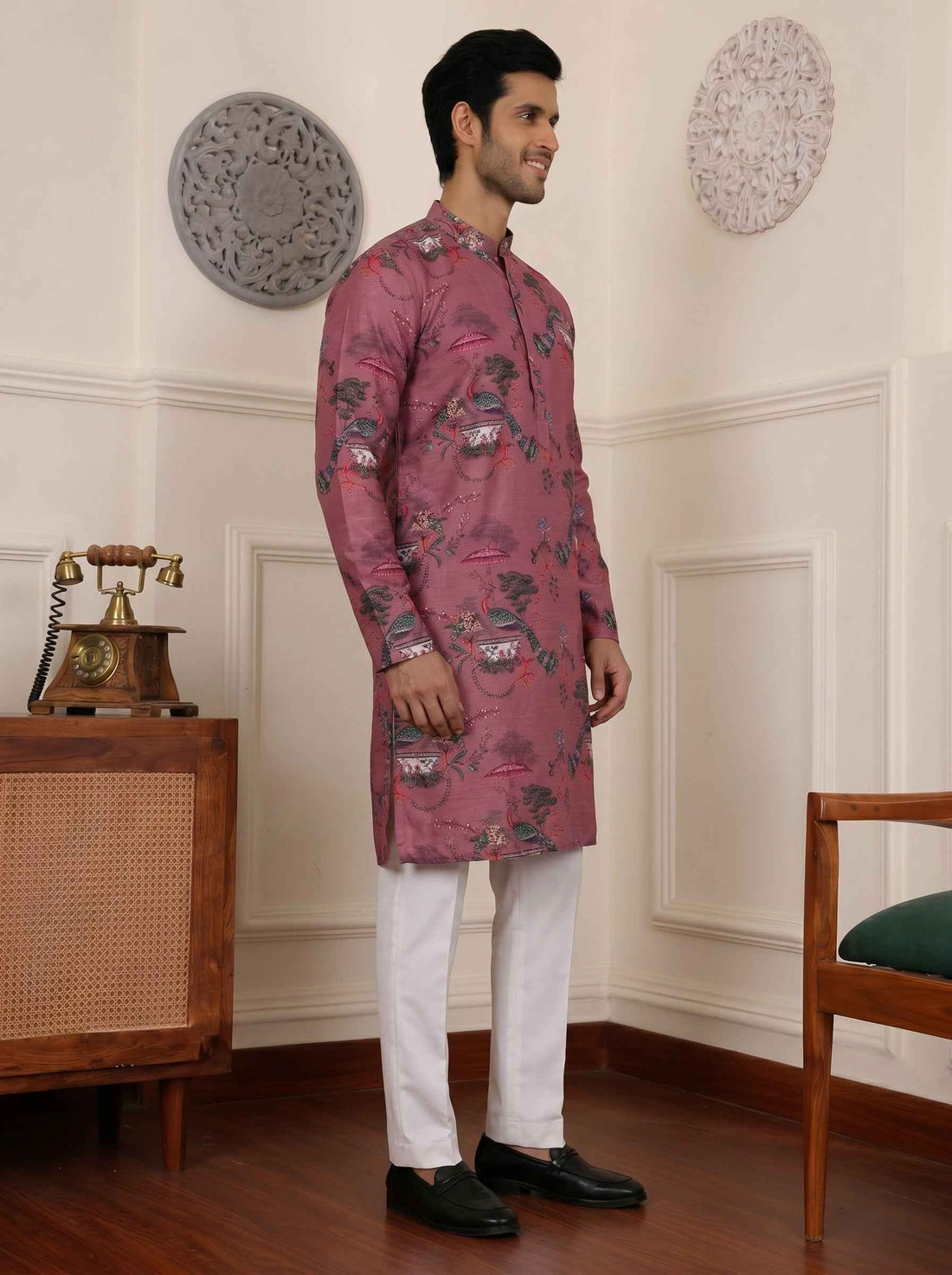 Aespen Mauve Crepe Kurta for Men with Botanical Print - Stylish and Comfortable Attire