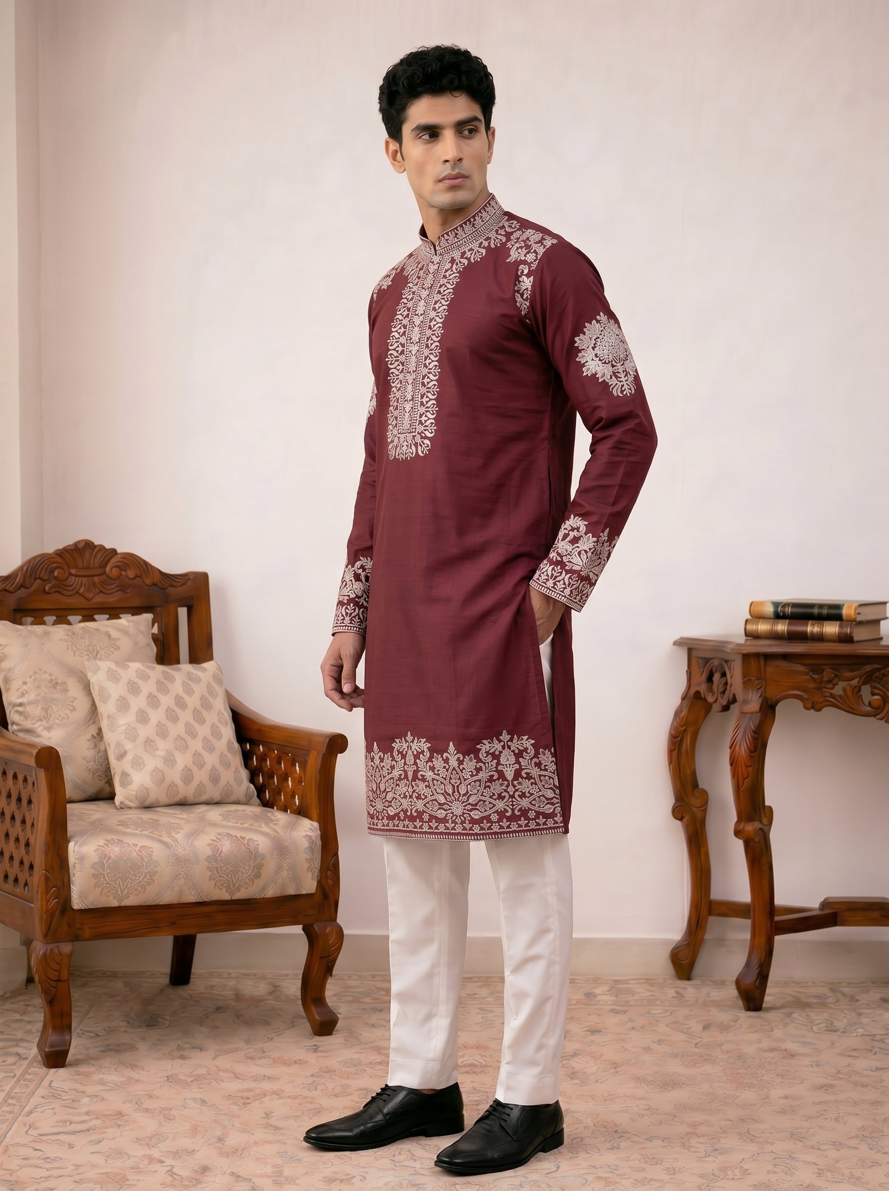 Aespen Wine Kurta For Men With Thread and Sequins Embroidery - Aespenfashion.com