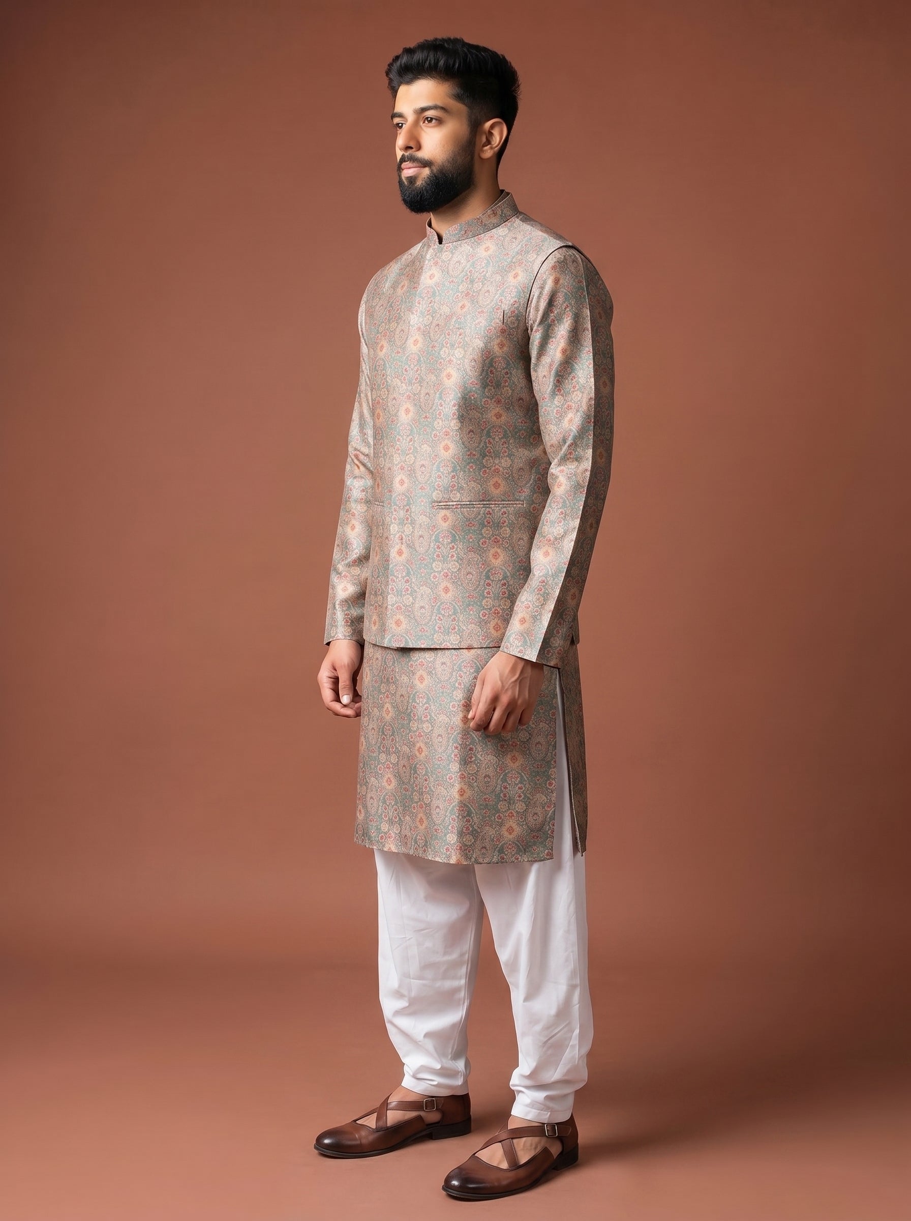 Aespen Green Multi Jaquard Kurta Jacket Set For Men With Printed Design - Aespenfashion.com