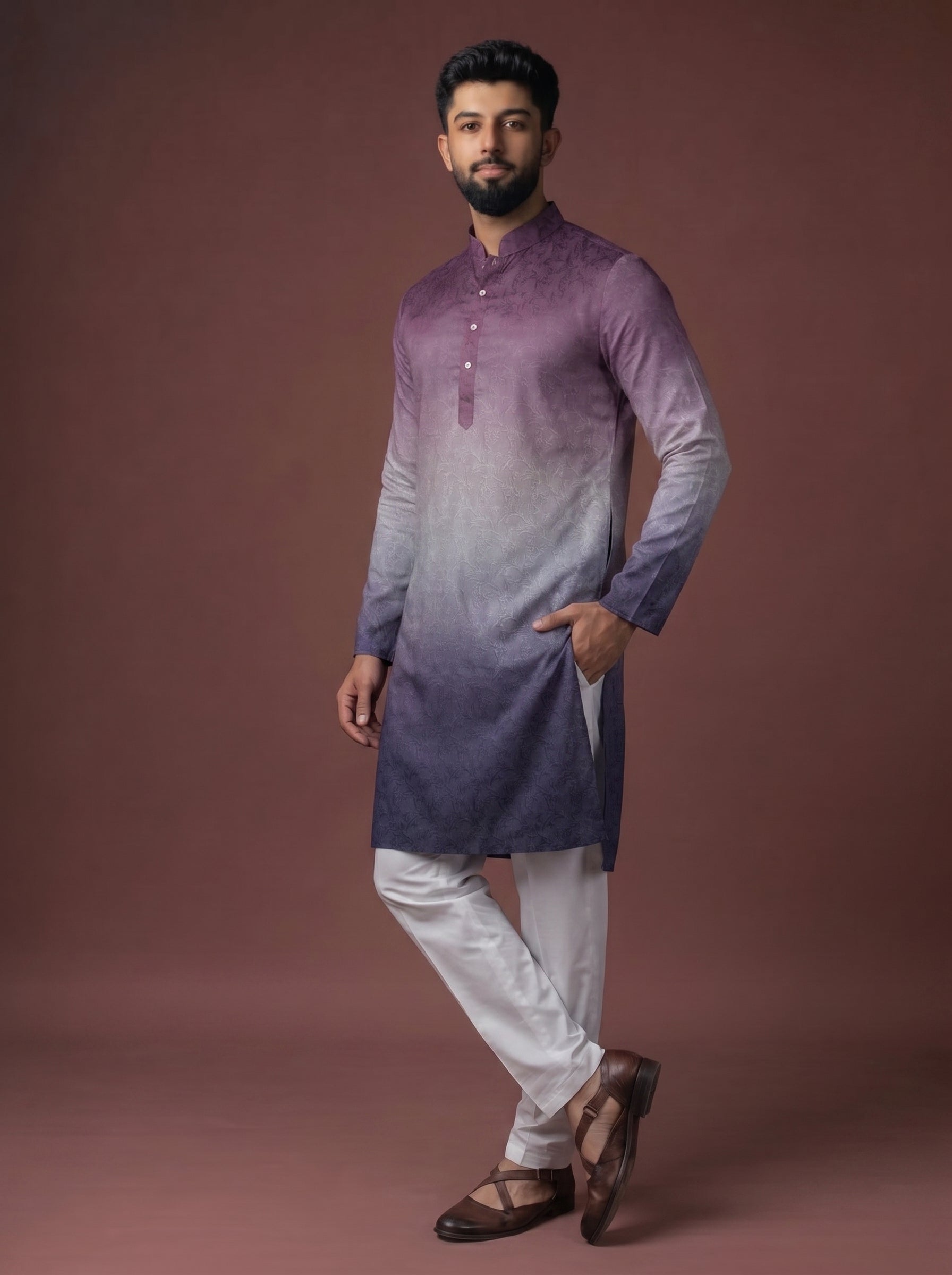 Aespen Purple Jaquard Kurta Jacket Set For Men With Printed Design - Aespenfashion.com