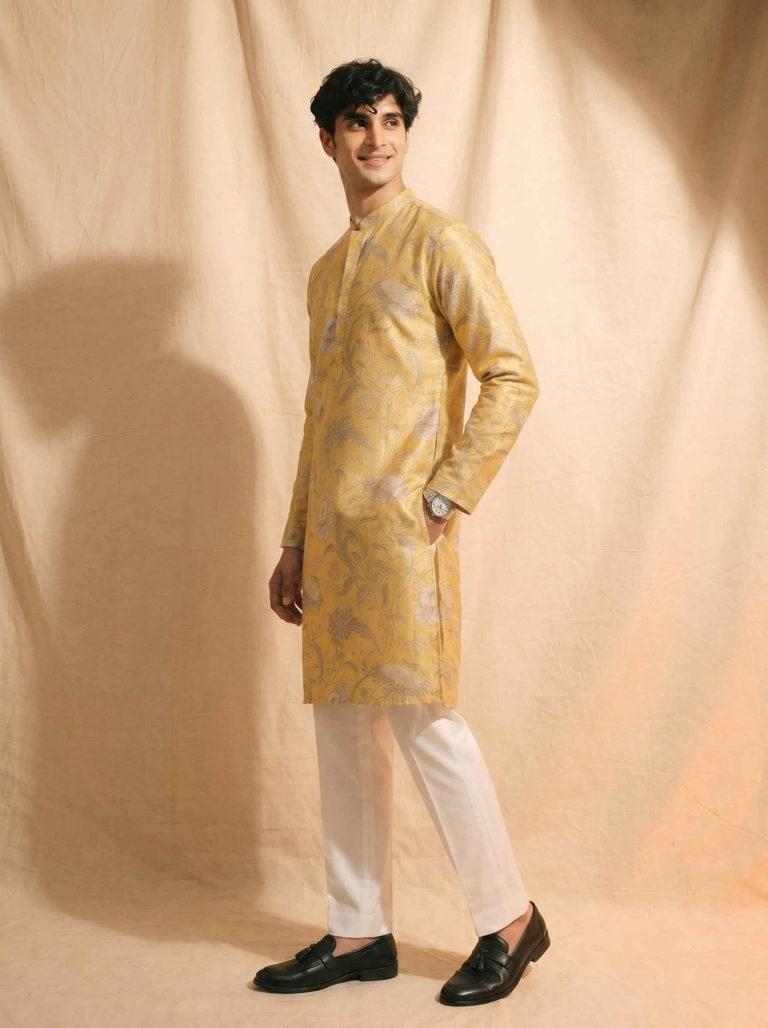 Aespen Mustard Tissue Silk Kurta For Men With Floral Motif - Aespenfashion.com