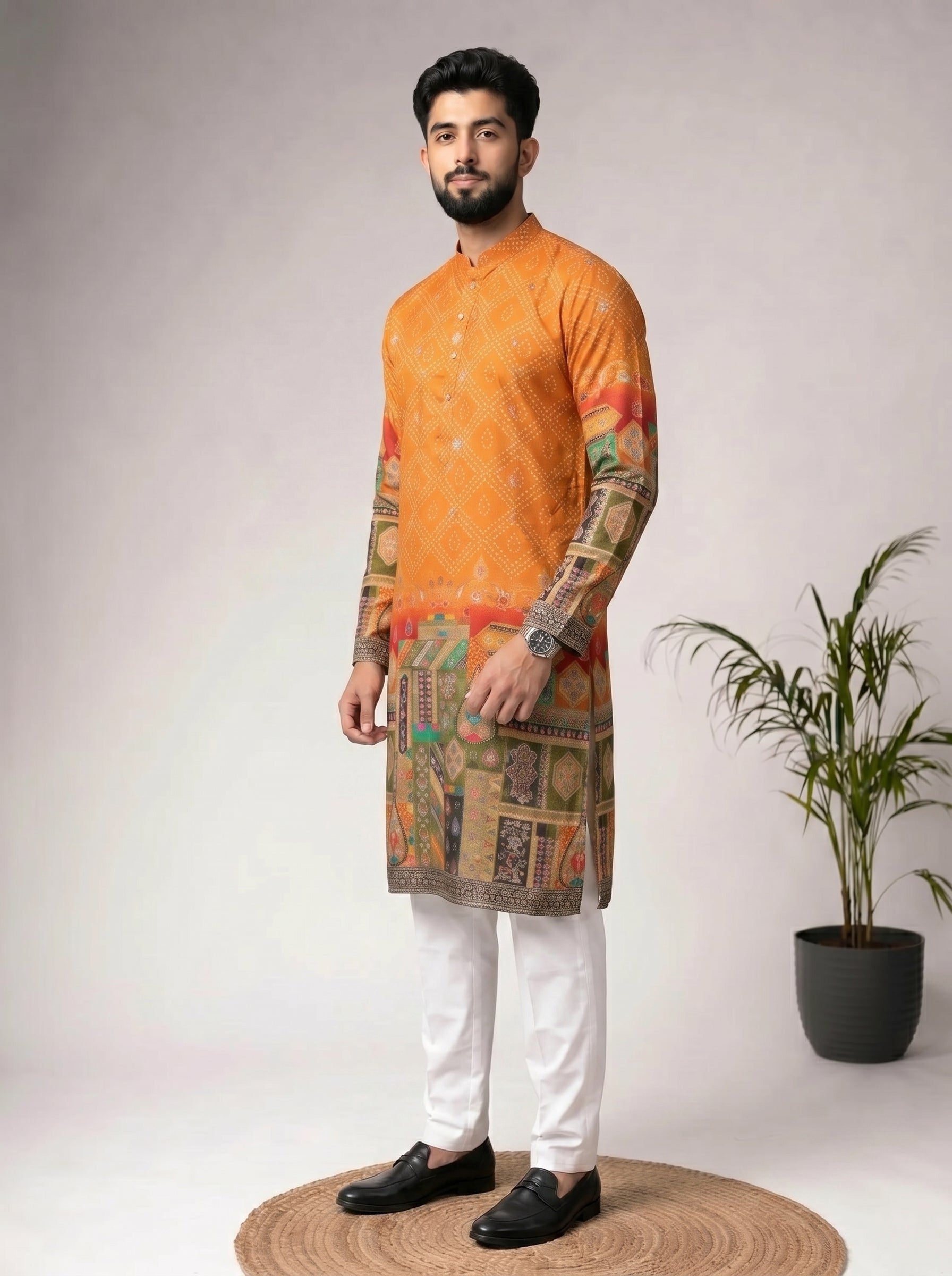 Aespen Mustard Jacquard Kurta For Men With Bandhani Print and Banarasi Weave - Aespenfashion.com
