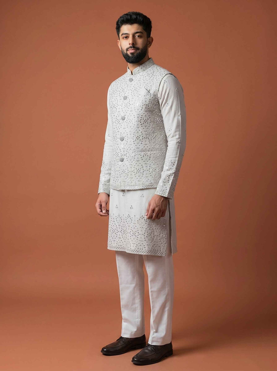 Aespen Offwhite Cotton Silk Kurta Jacket Set For Men With Sequins Embroidery