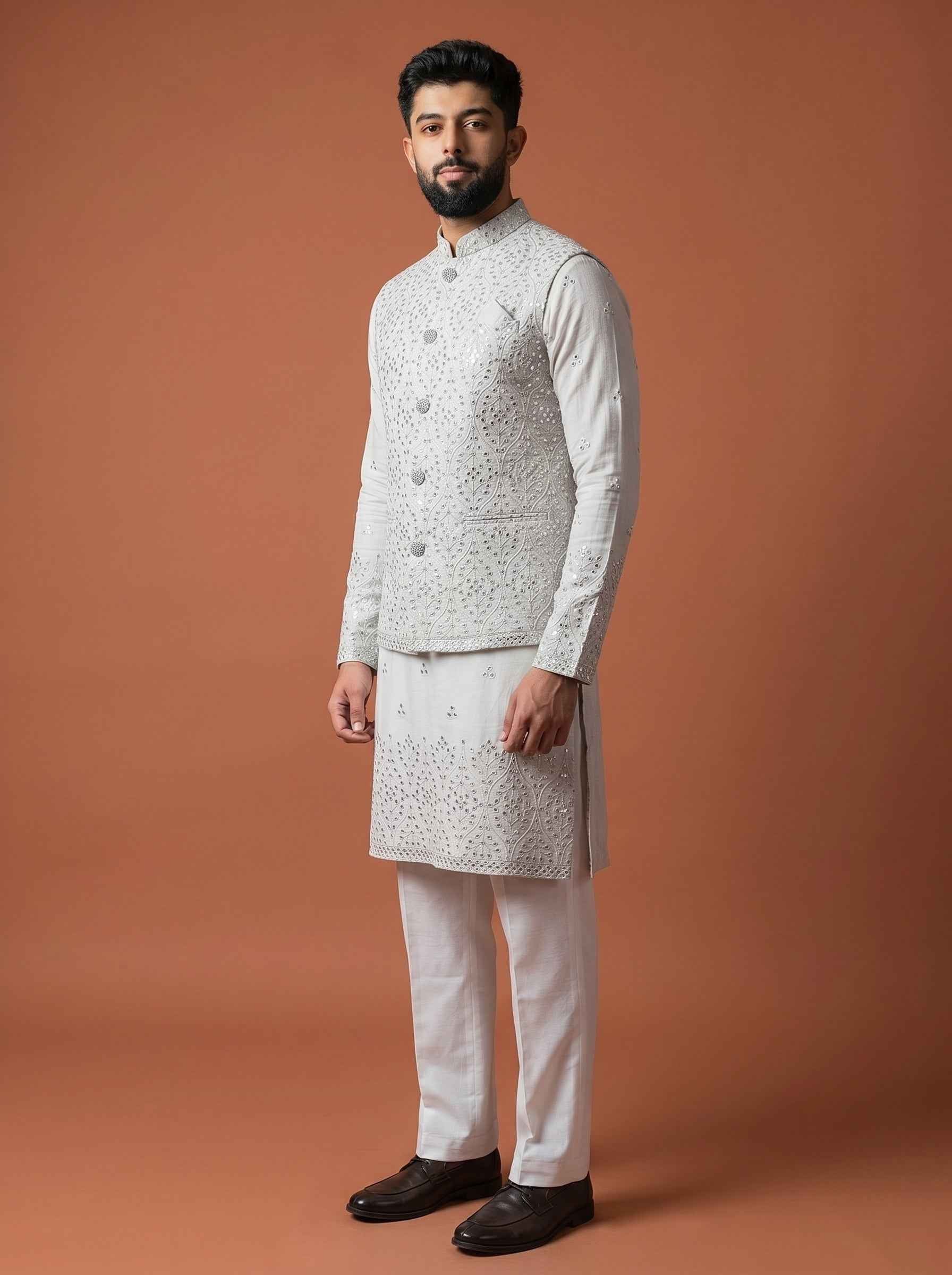 Aespen Offwhite Cotton Silk Kurta Jacket Set For Men With Sequins Embroidery