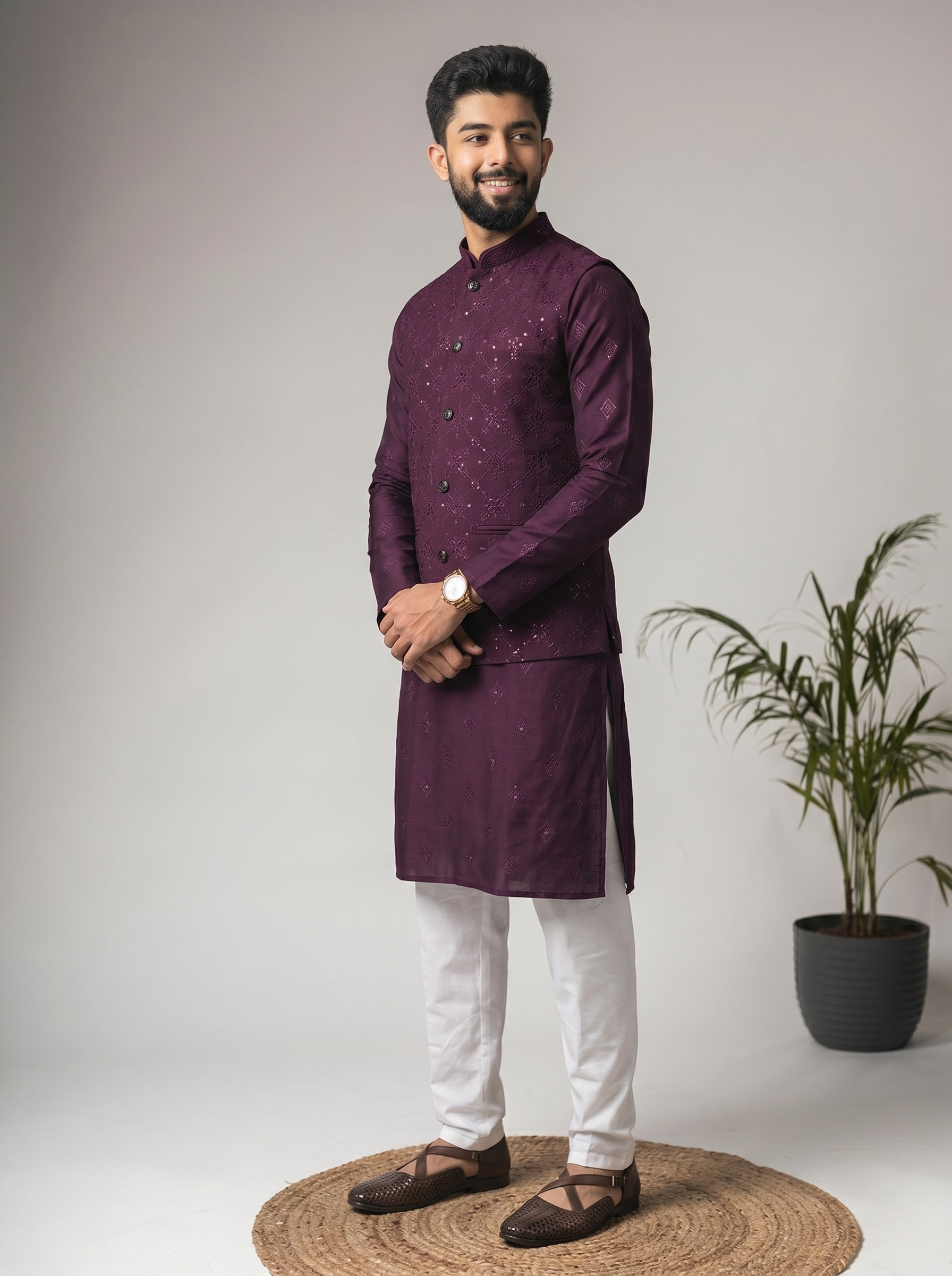 Aespen Purple Lurex Cotton Kurta Jacket Set For Men With Thread And Sequins Embroidery - Aespenfashion.com