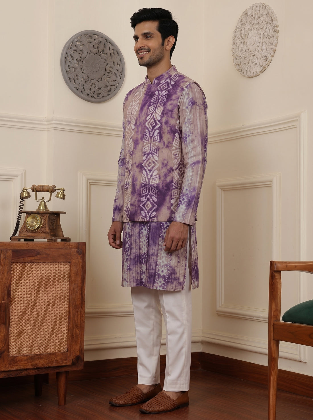 Aespen Purple Tie-Dye Kurta Jacket Set For Men With Thread Embroidery - Aespenfashion.com