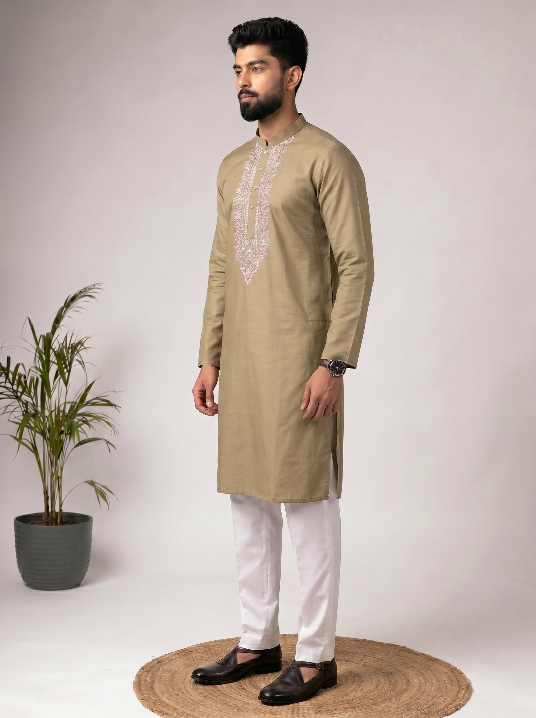 Aespen Olive Silk Kurta For Men With Thread and Sequins Embroidery - Aespenfashion.com