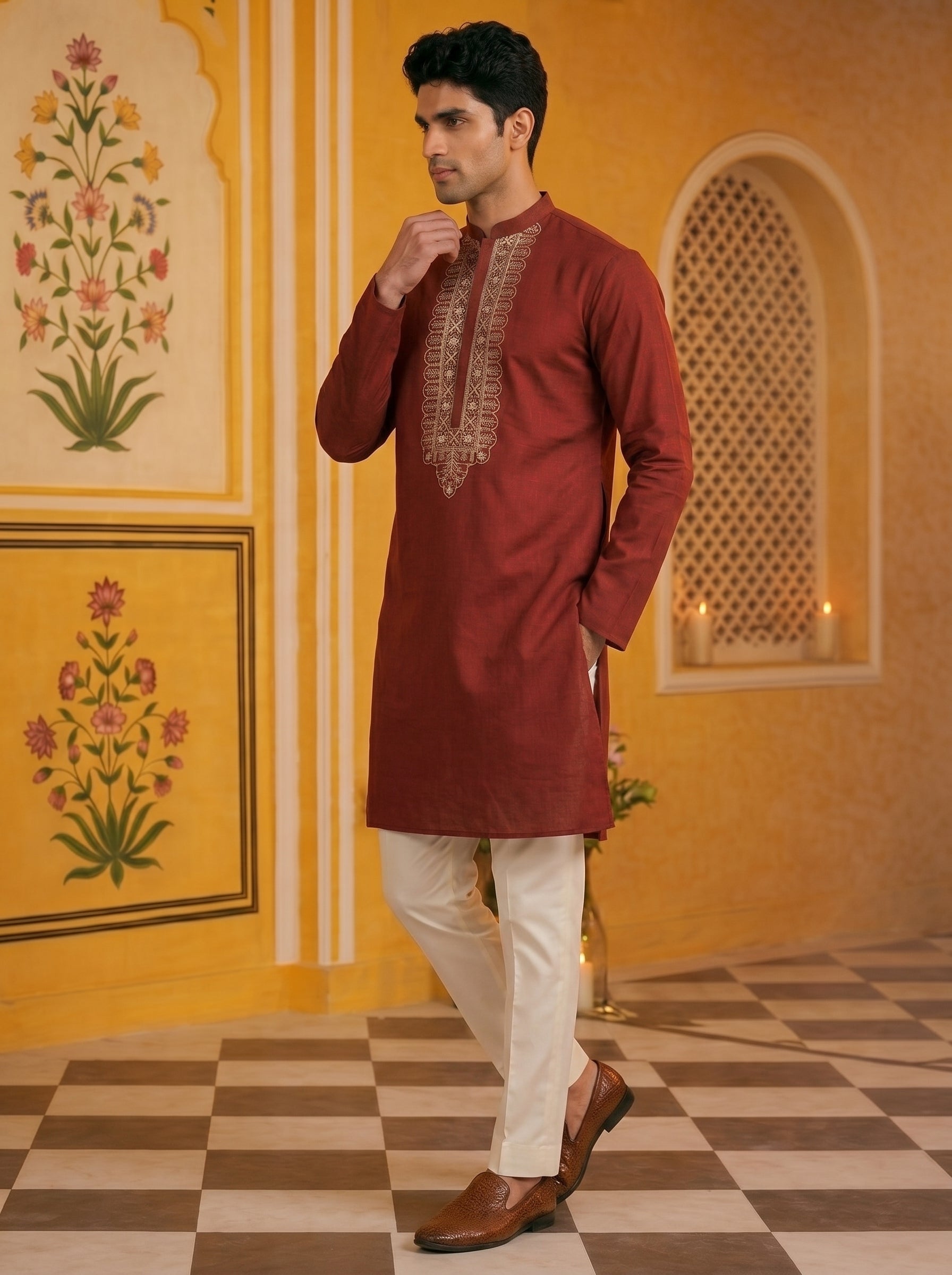Aespen Maroon Kurta For Men With Thread and Sequins Embroidery Work - Aespenfashion.com