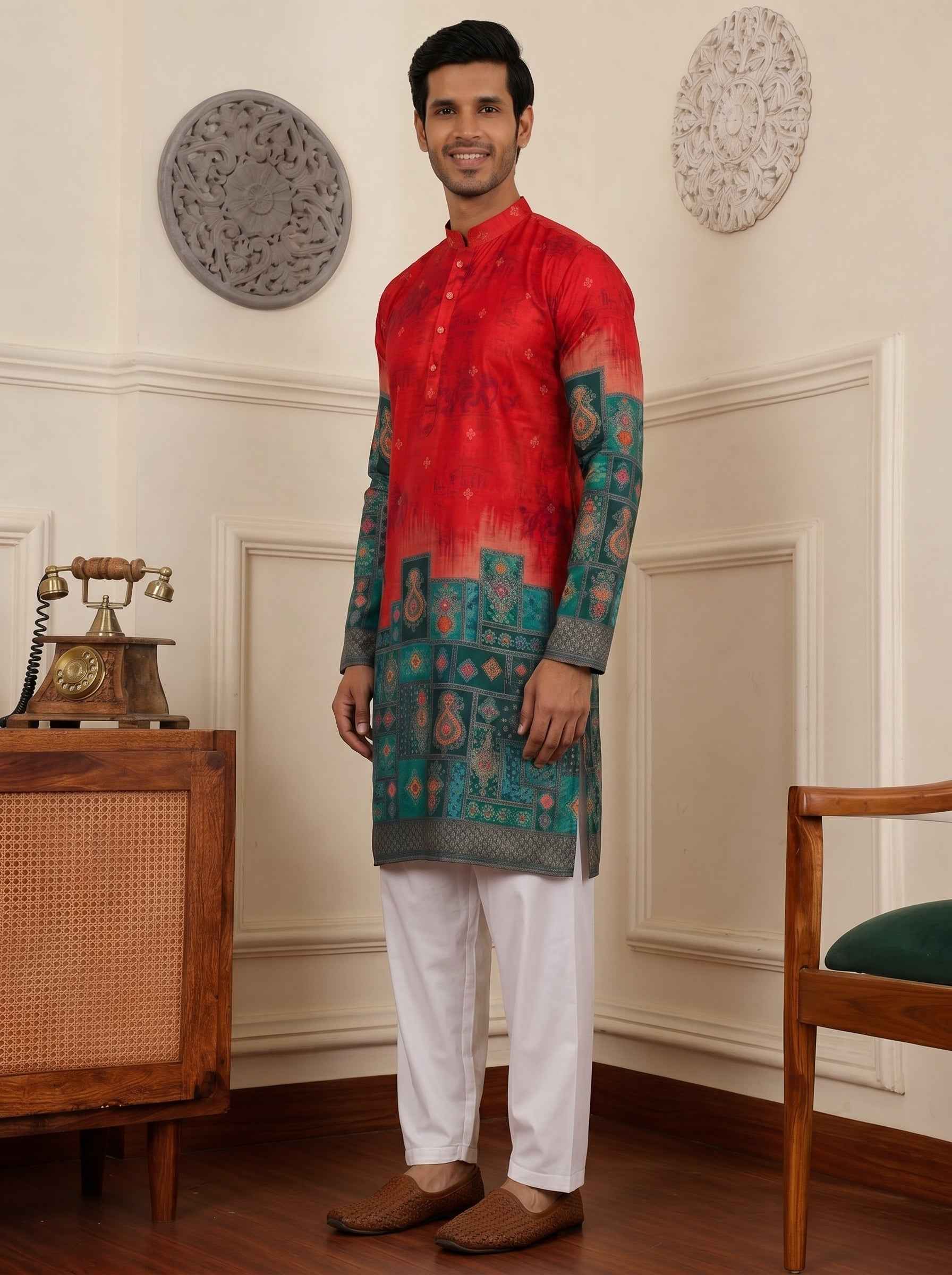 Aespen Red Jacquard Kurta For Men With Animal Motif and Banarasi Weave - Aespenfashion.com