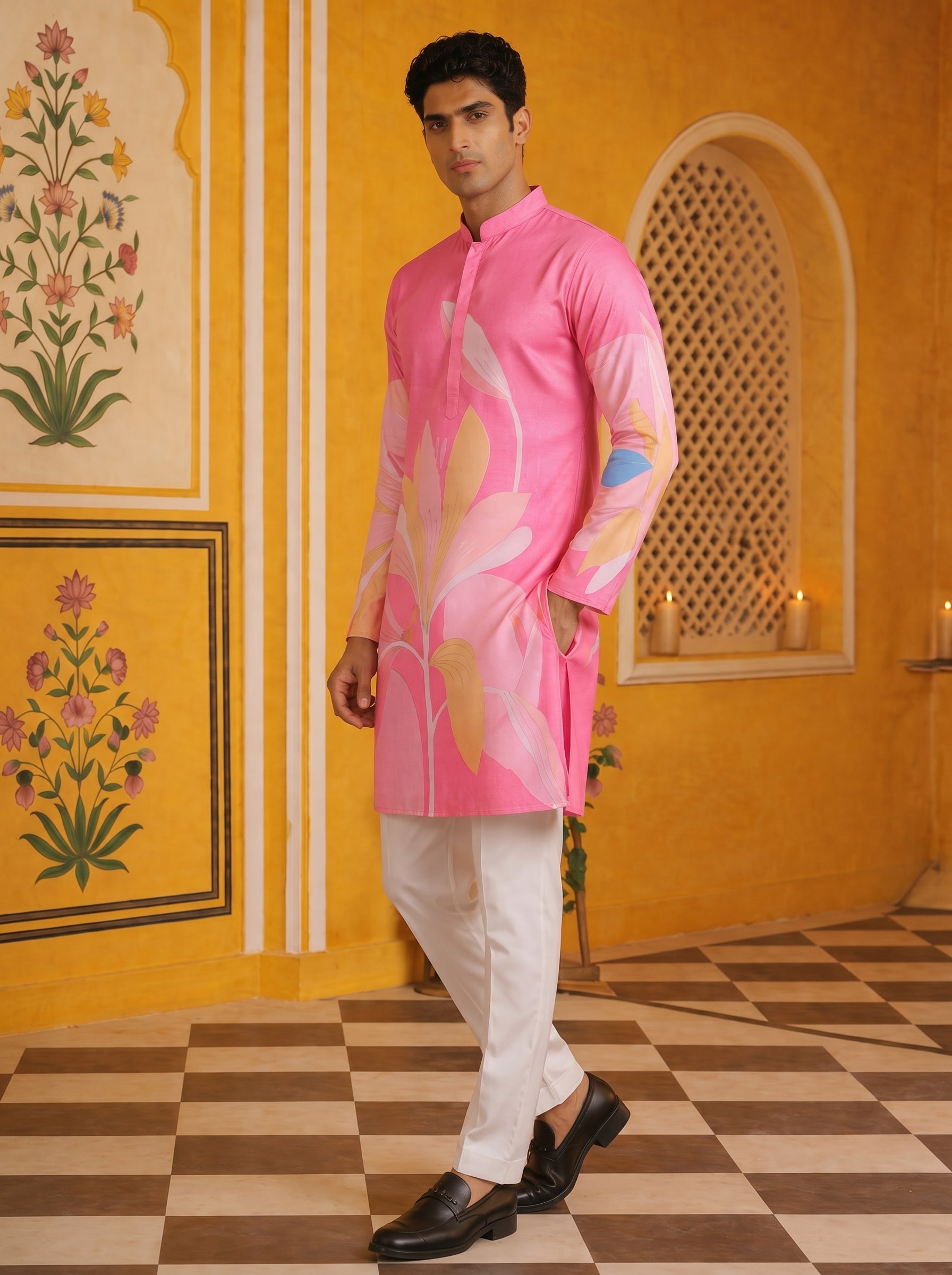 Aespen Pink Kurta For Men With Floral Golden Foil Print - Aespenfashion.com