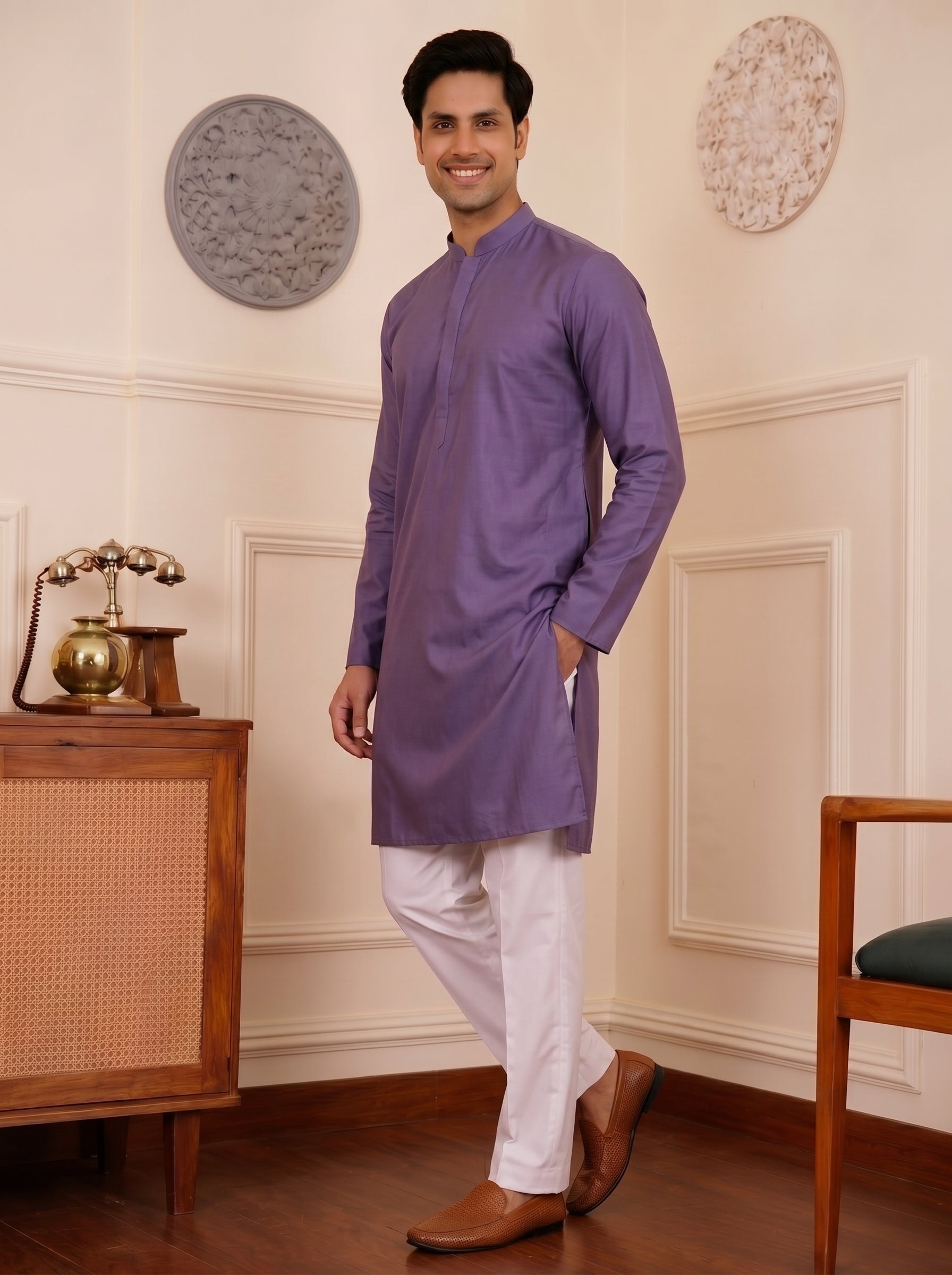 Aespen Premium Lilac Cotton Silk Kurta For Men - Aespenfashion.com