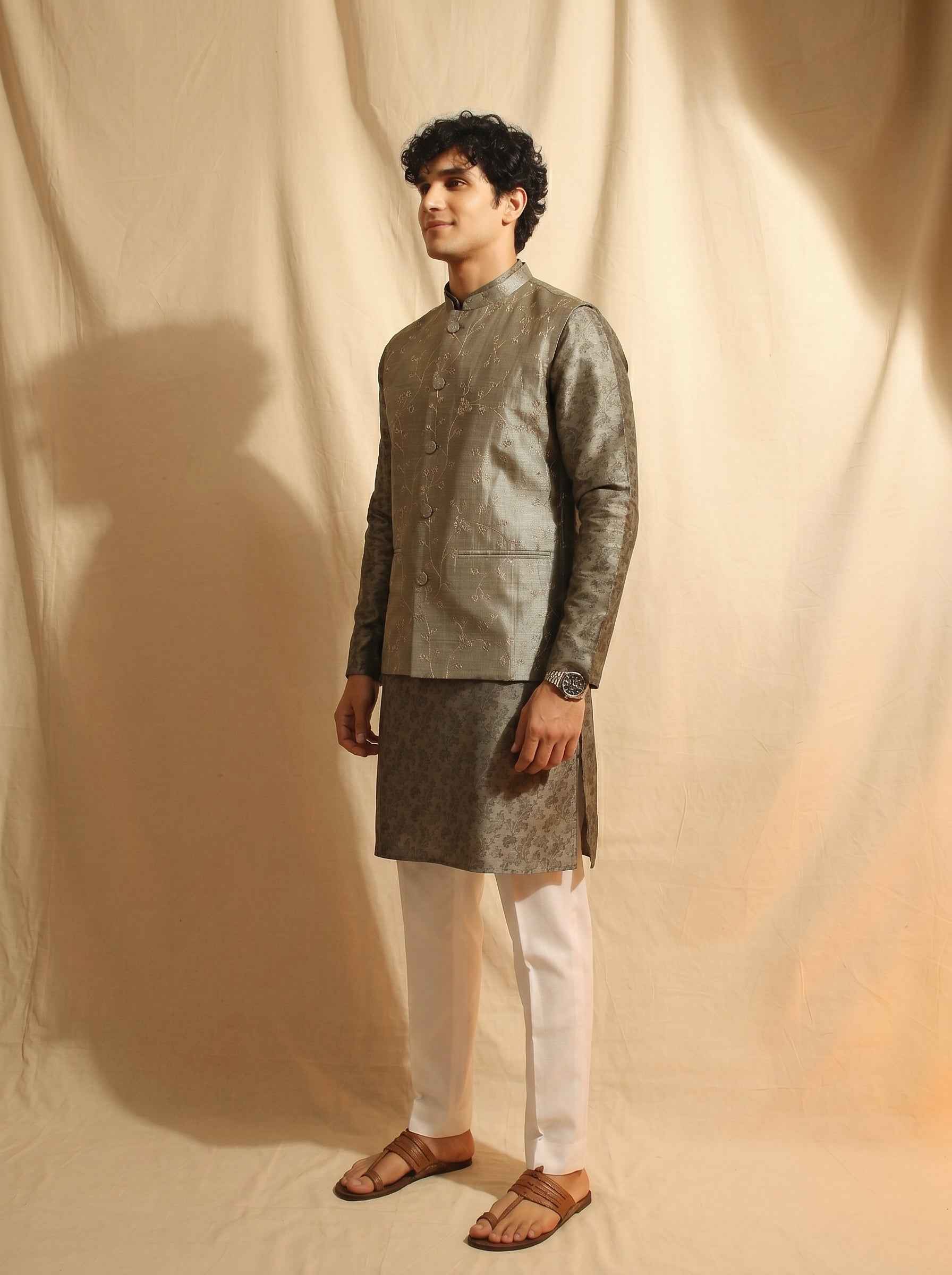 Aespen Olive Tussar Silk Kurta Jacket Set For Men With Zari Embroidery