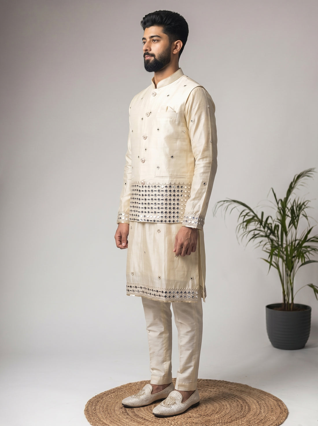 Aespen Beige Tissue Kurta Jacket Set For Men With Mirror Work Embroidery - Aespenfashion.com