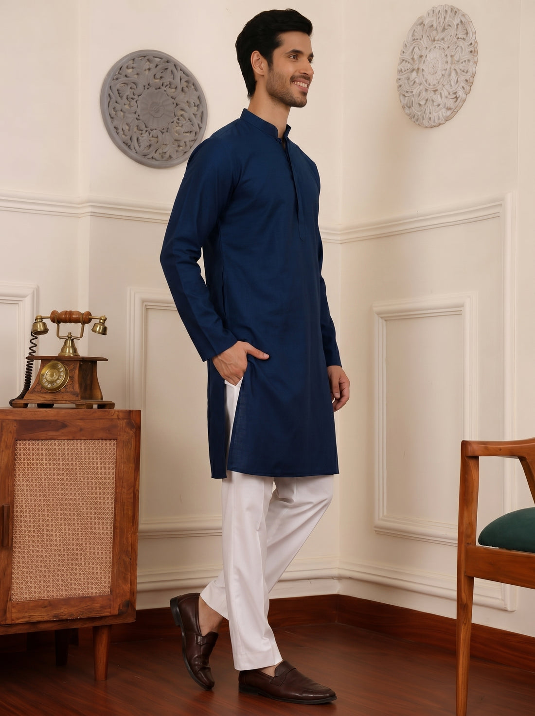 Aespen  Classic Teal Cotton Silk Kurta For Men - Aespenfashion.com