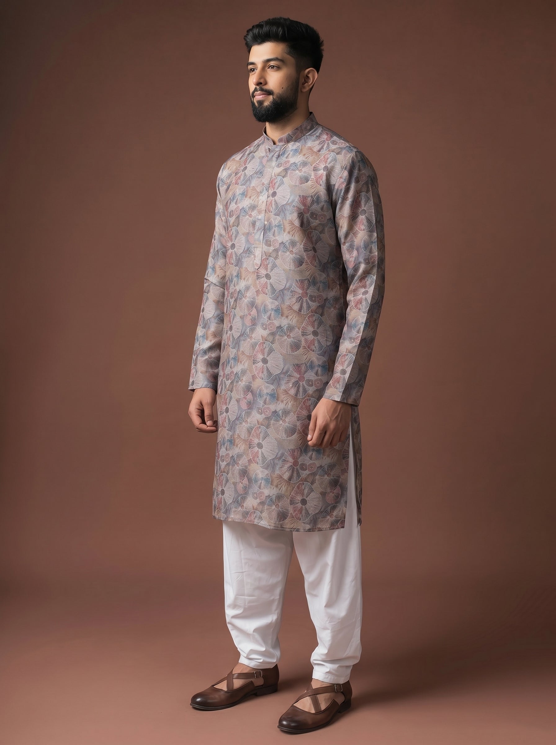 Aespen Grey Tissue Silk Kurta For Men With Abstract Motif - Aespenfashion.com