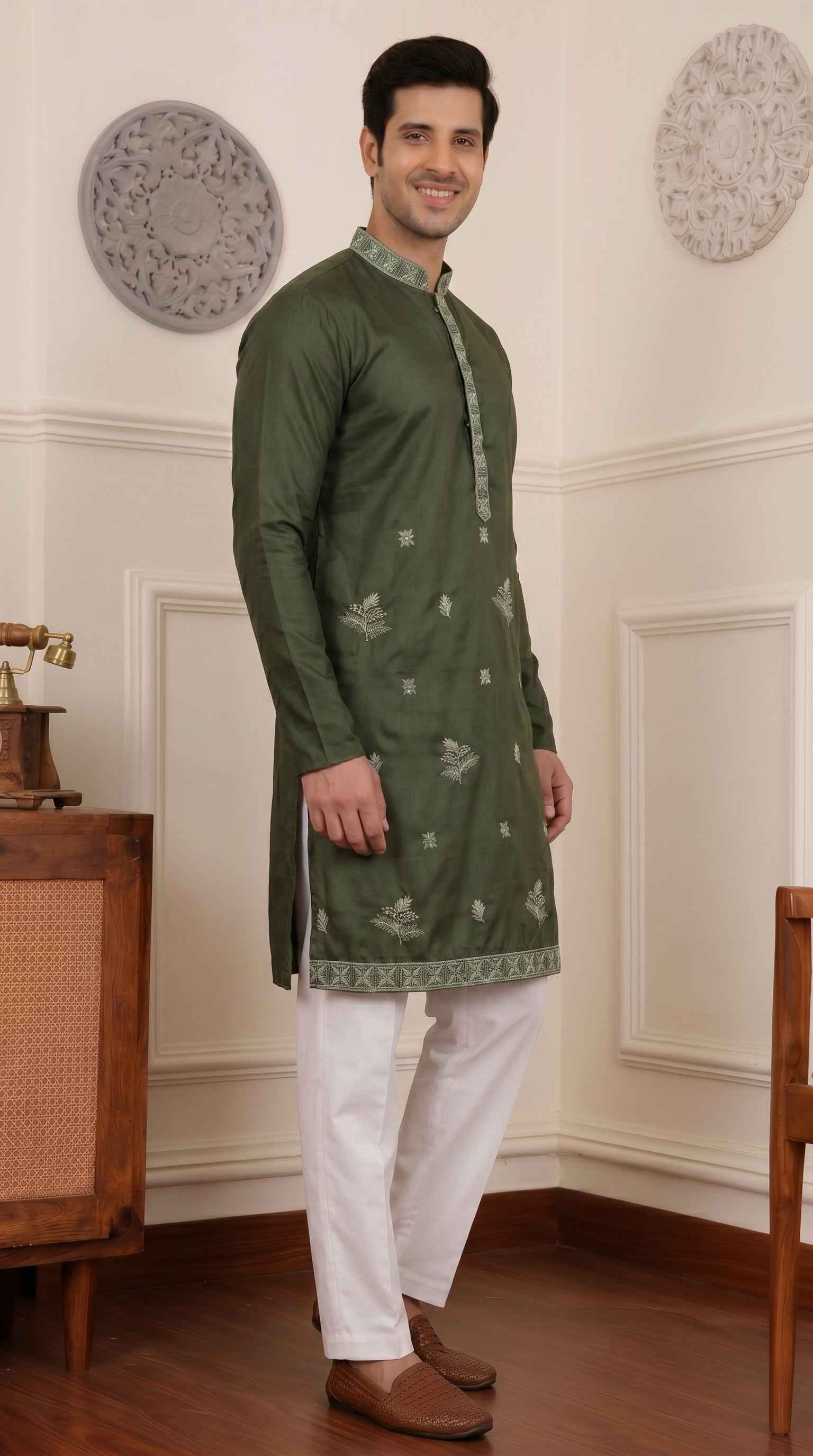 Aespen Olive Green Raw Silk Kurta For Men With Thread and Sequins Embroidery
