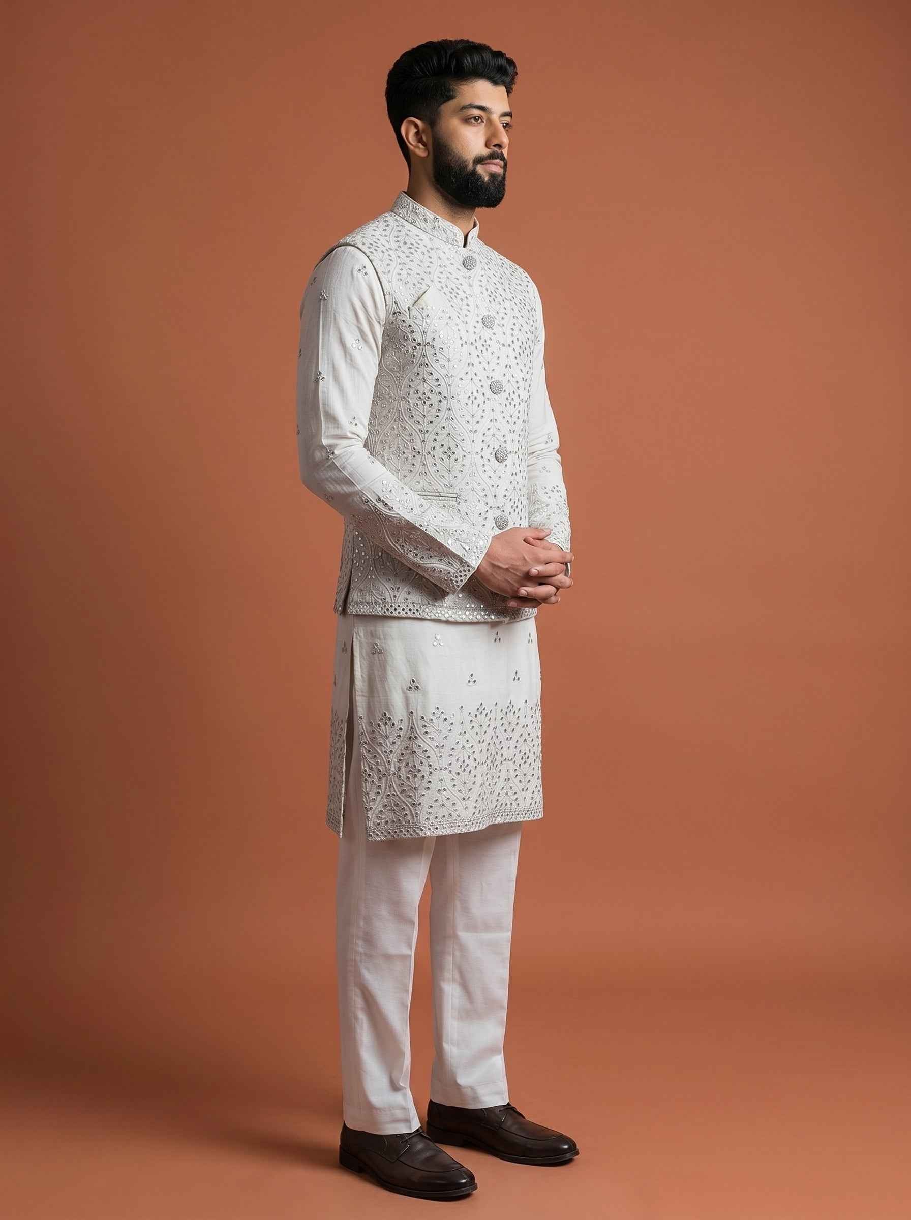 Aespen Offwhite Cotton Silk Kurta Jacket Set For Men With Sequins Embroidery
