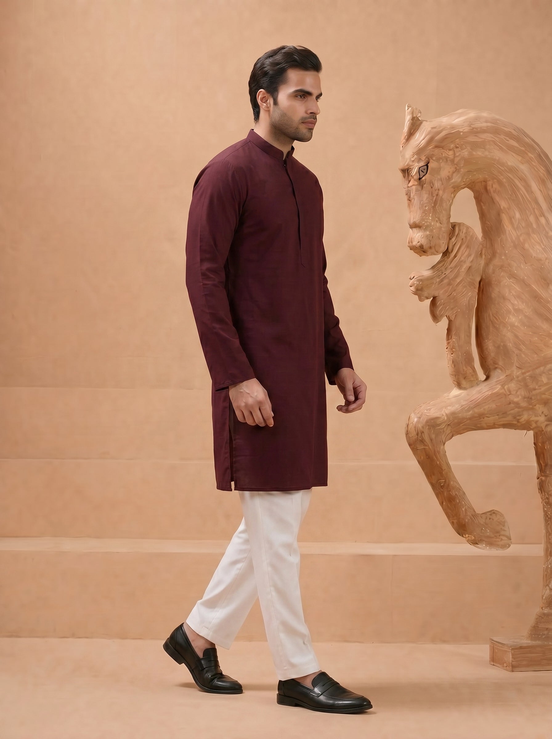 Aespen Rich Maroon Cotton Silk Kurta For Men - Aespenfashion.com