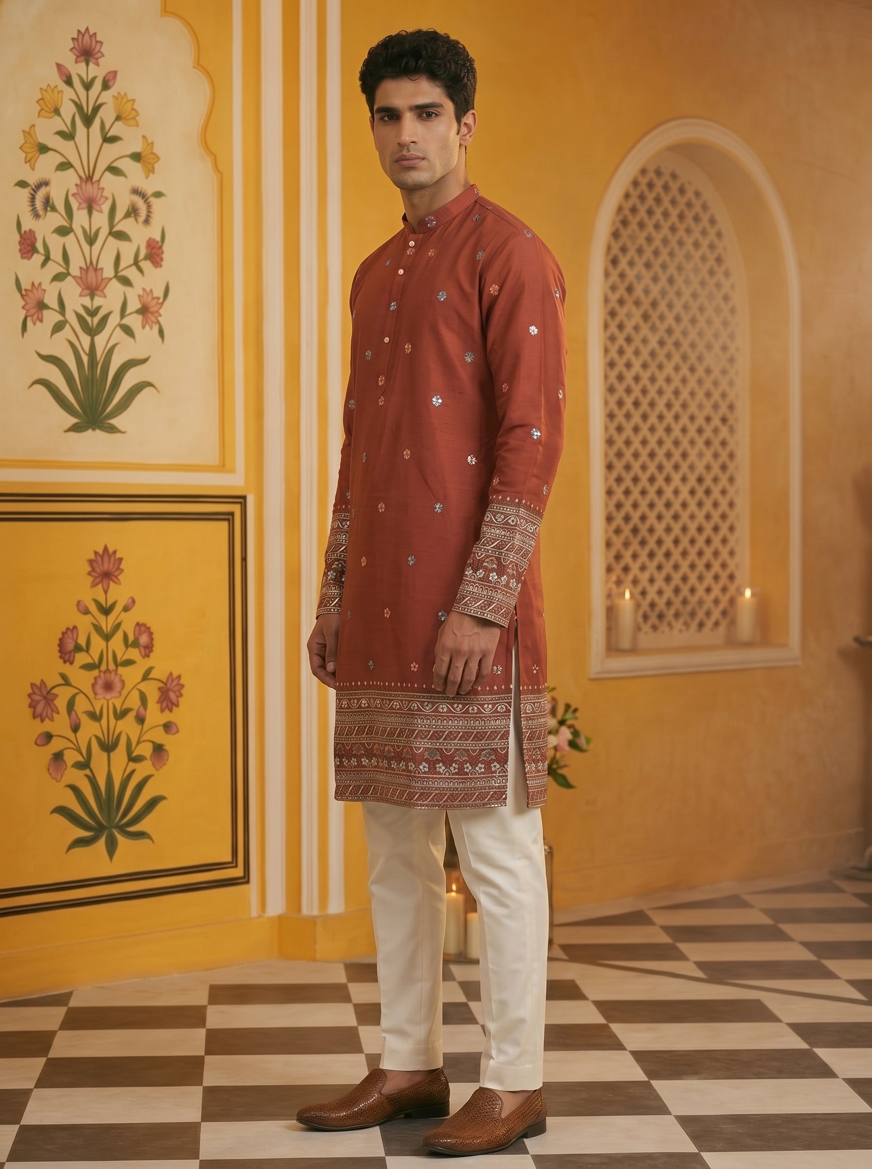 Aespen Maroon Kurta For Men With Thread and Sequins Embroidery - Aespenfashion.com