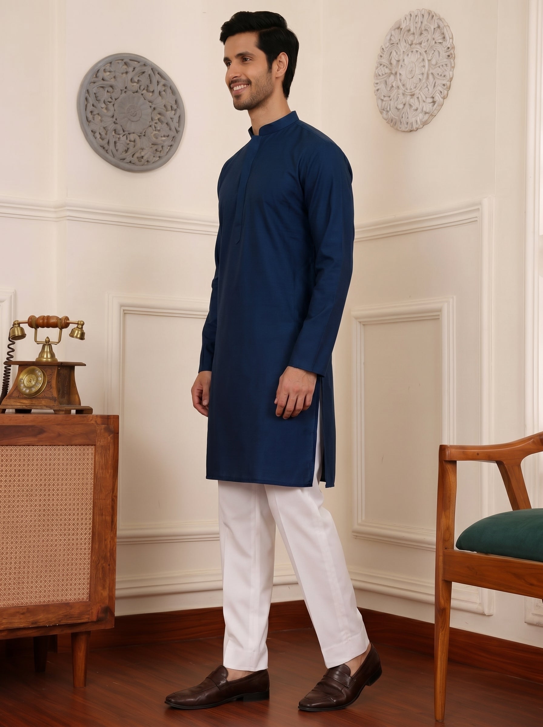 Aespen  Classic Teal Cotton Silk Kurta For Men - Aespenfashion.com