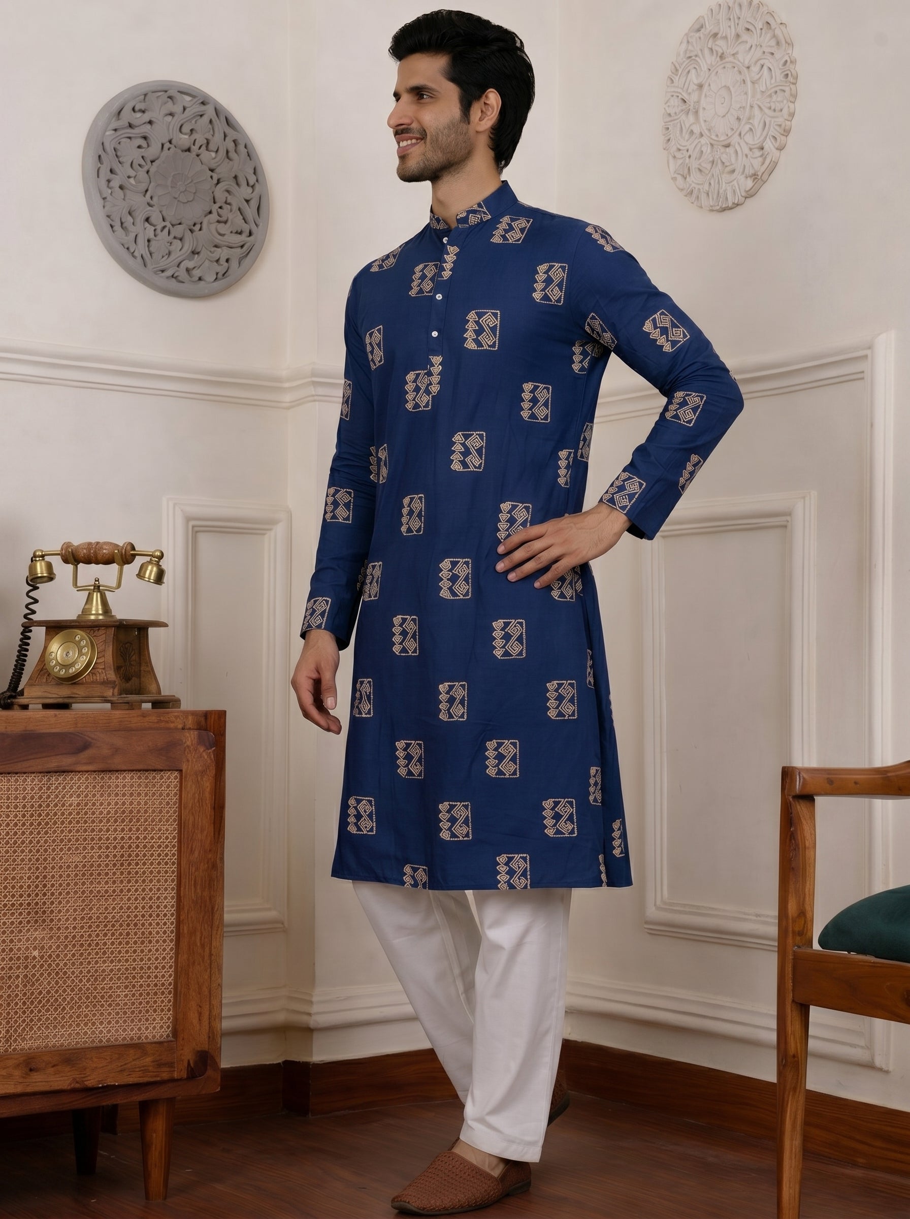 Aespen Teal Blue Cotton Silk Kurta For Men With Goemetric Embroidered Pattern - Aespenfashion.com