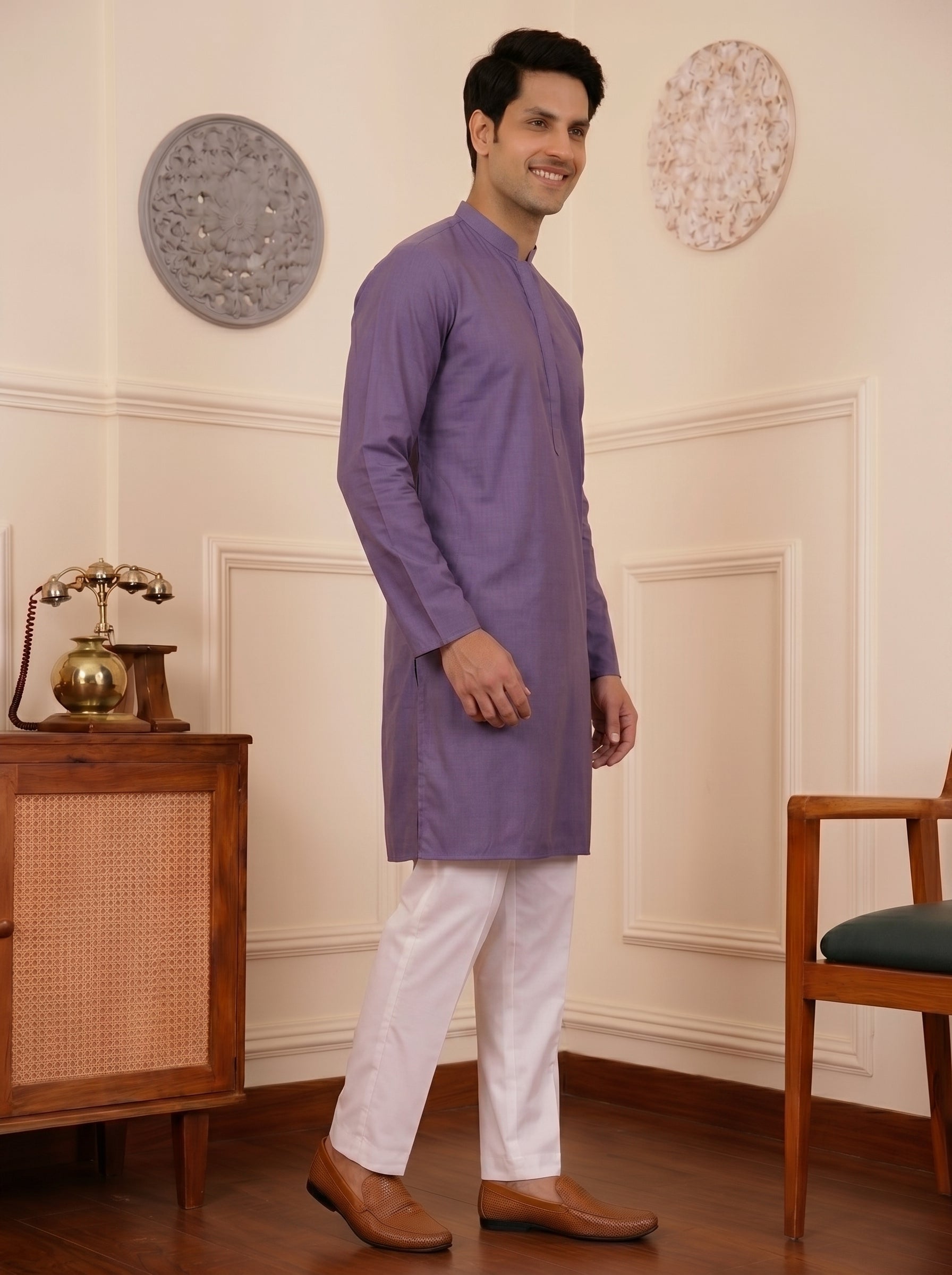 Aespen Premium Lilac Cotton Silk Kurta For Men - Aespenfashion.com