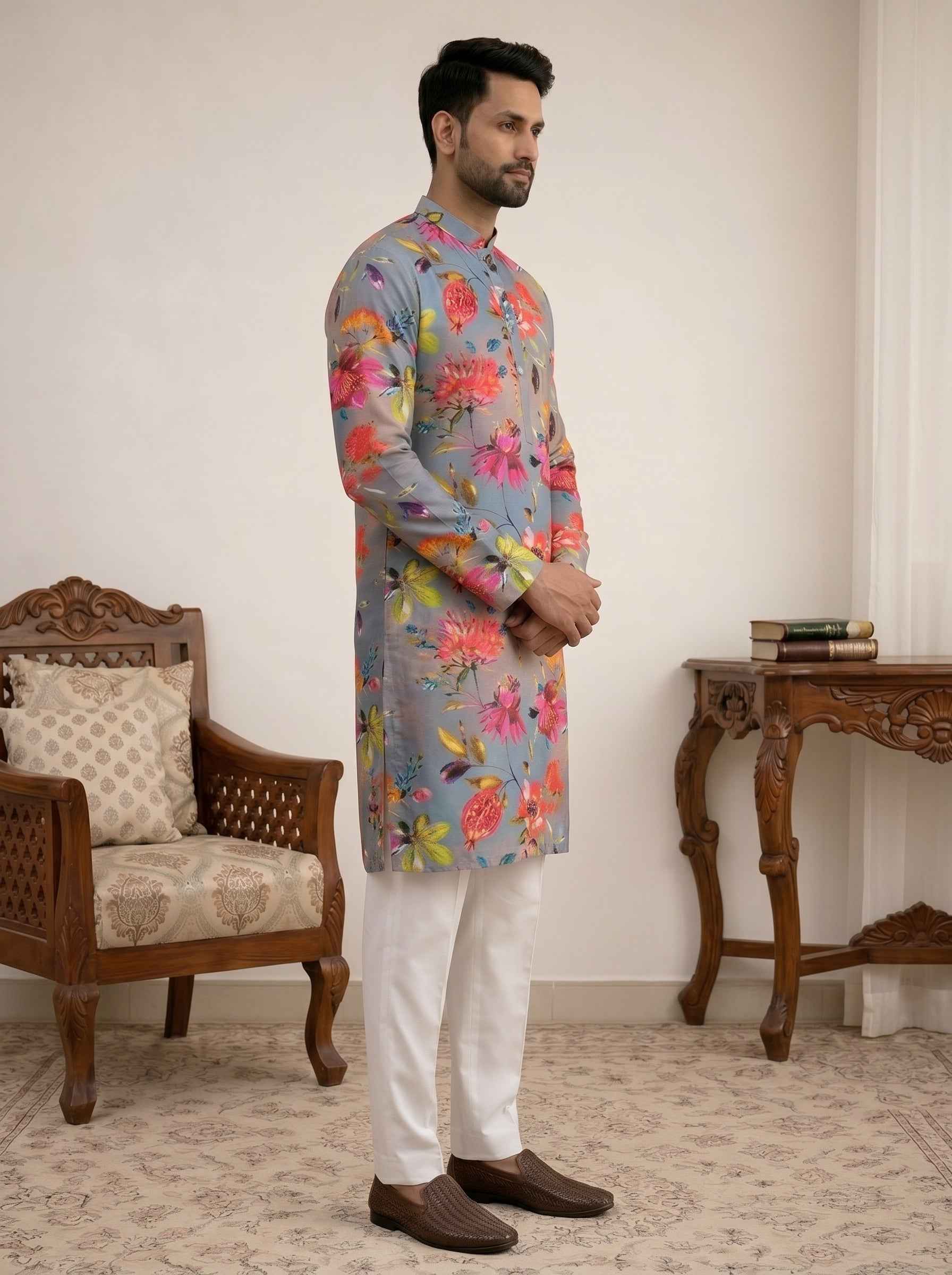 Aespen Ombre Grey Crepe Kurta For Men With Floral Motif