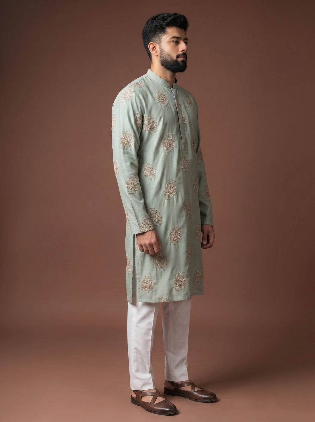 Aespen Sage Green Cotton Silk Kurta For Men With Floral Embroidered Pattern - Aespenfashion.com