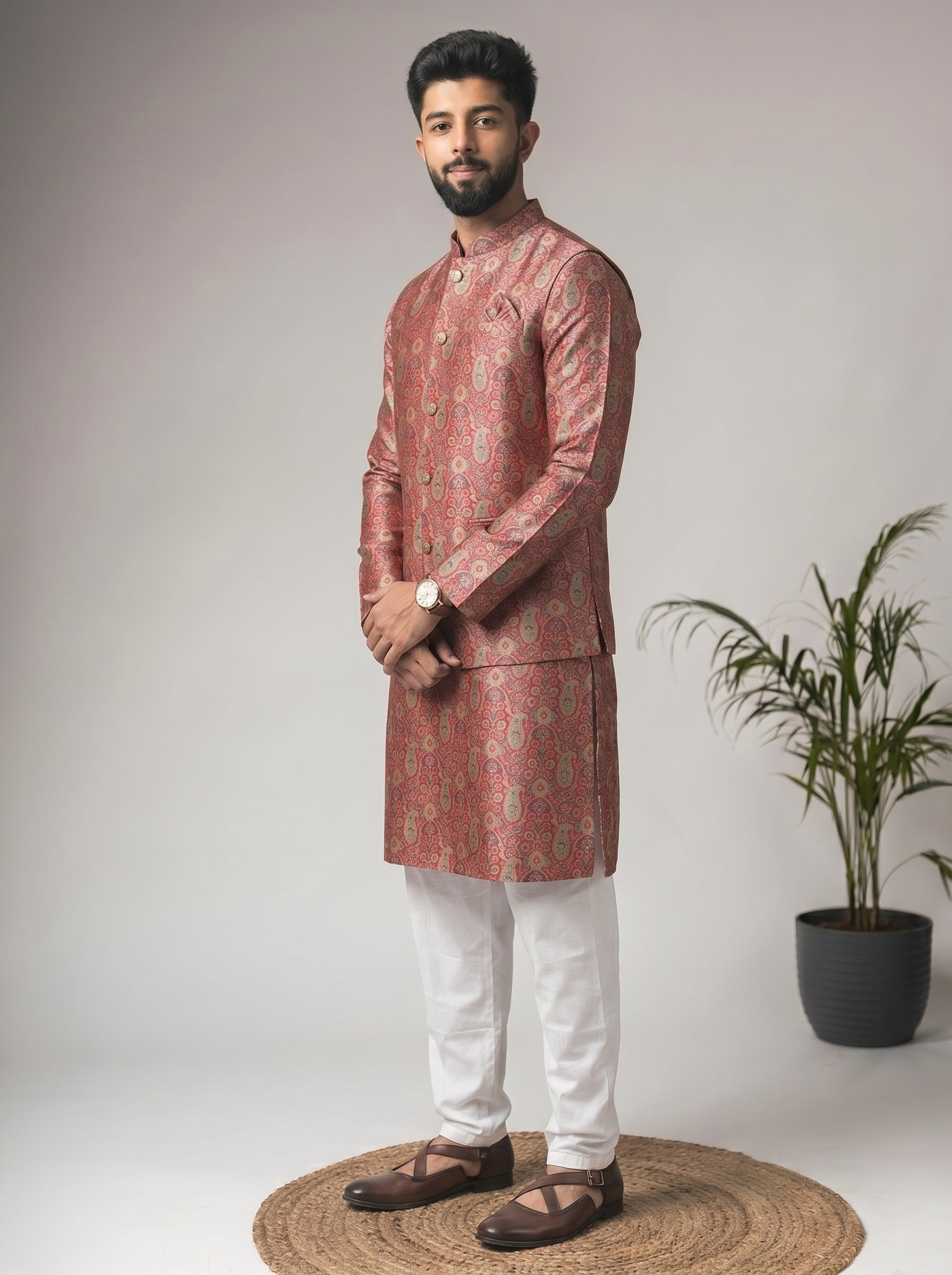 Aespen Multi Jaquard Kurta Jacket Set For Men With Printed Design - Aespenfashion.com