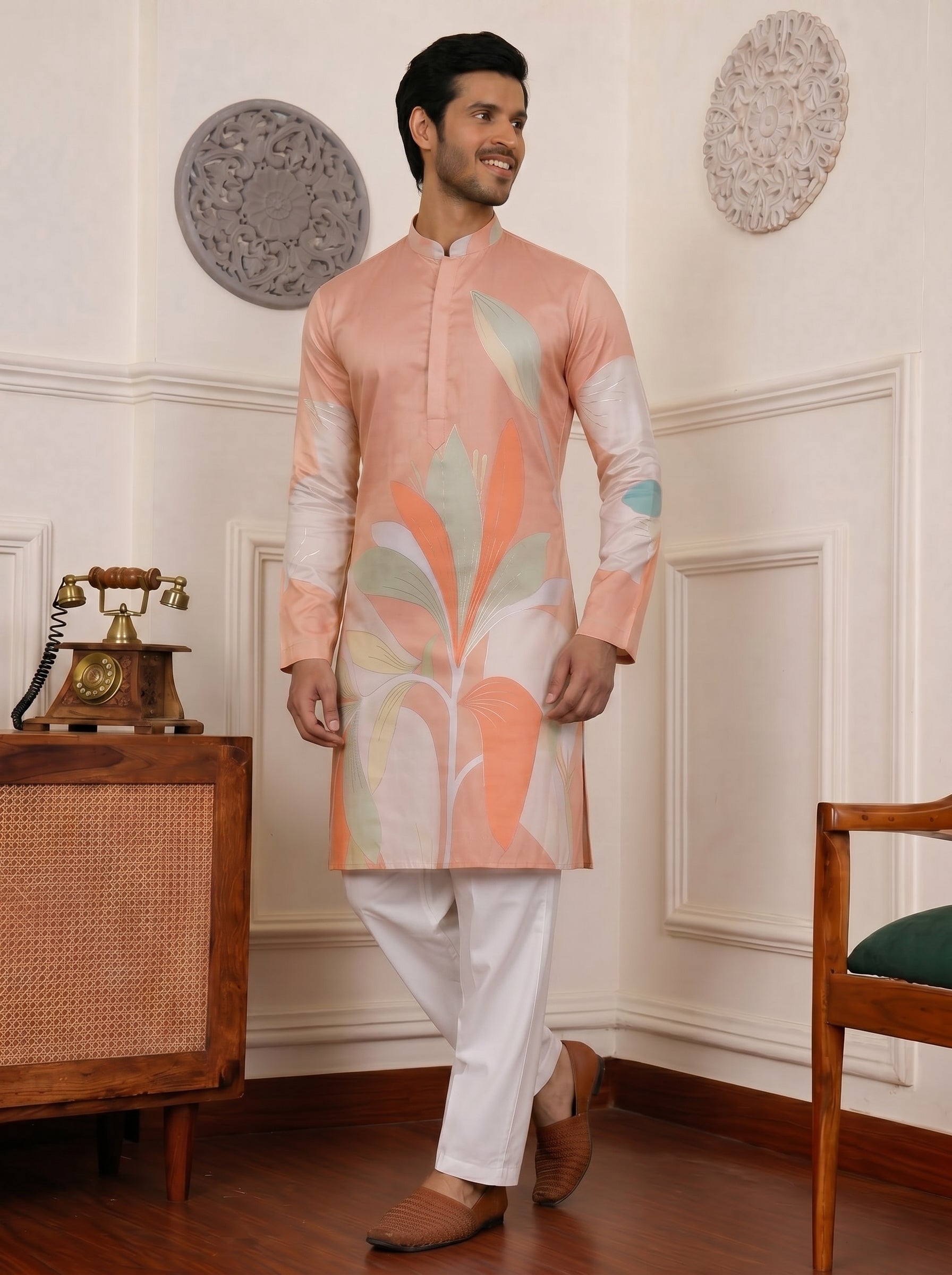 Aespen Caramel Kurta For Men With Floral Foil Print - Aespenfashion.com