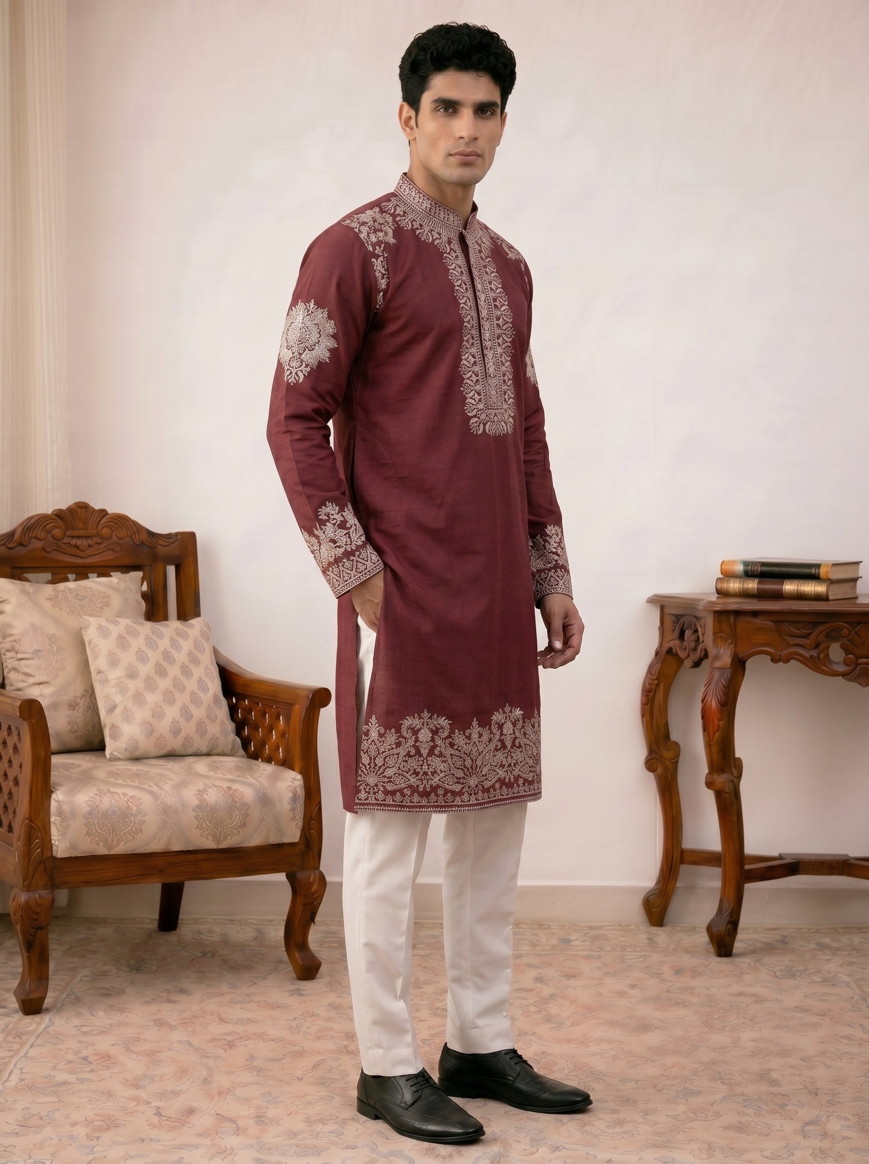 Aespen Wine Kurta For Men With Thread and Sequins Embroidery - Aespenfashion.com