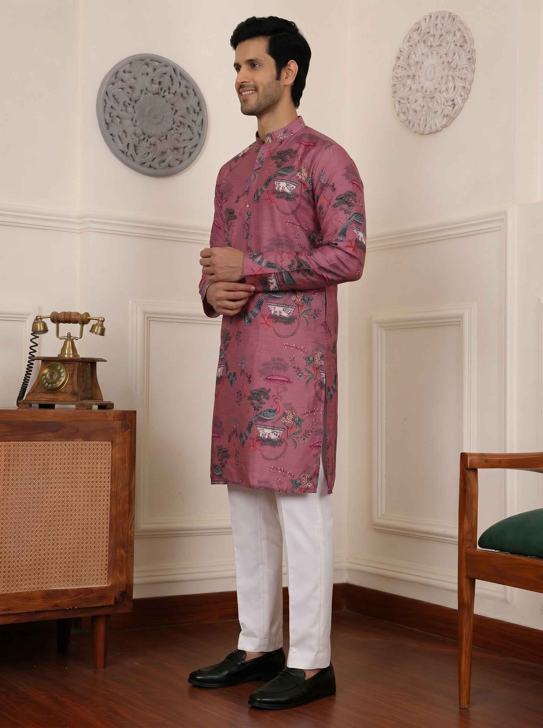 Aespen Mauve Crepe Kurta for Men with Botanical Print - Stylish and Comfortable Attire