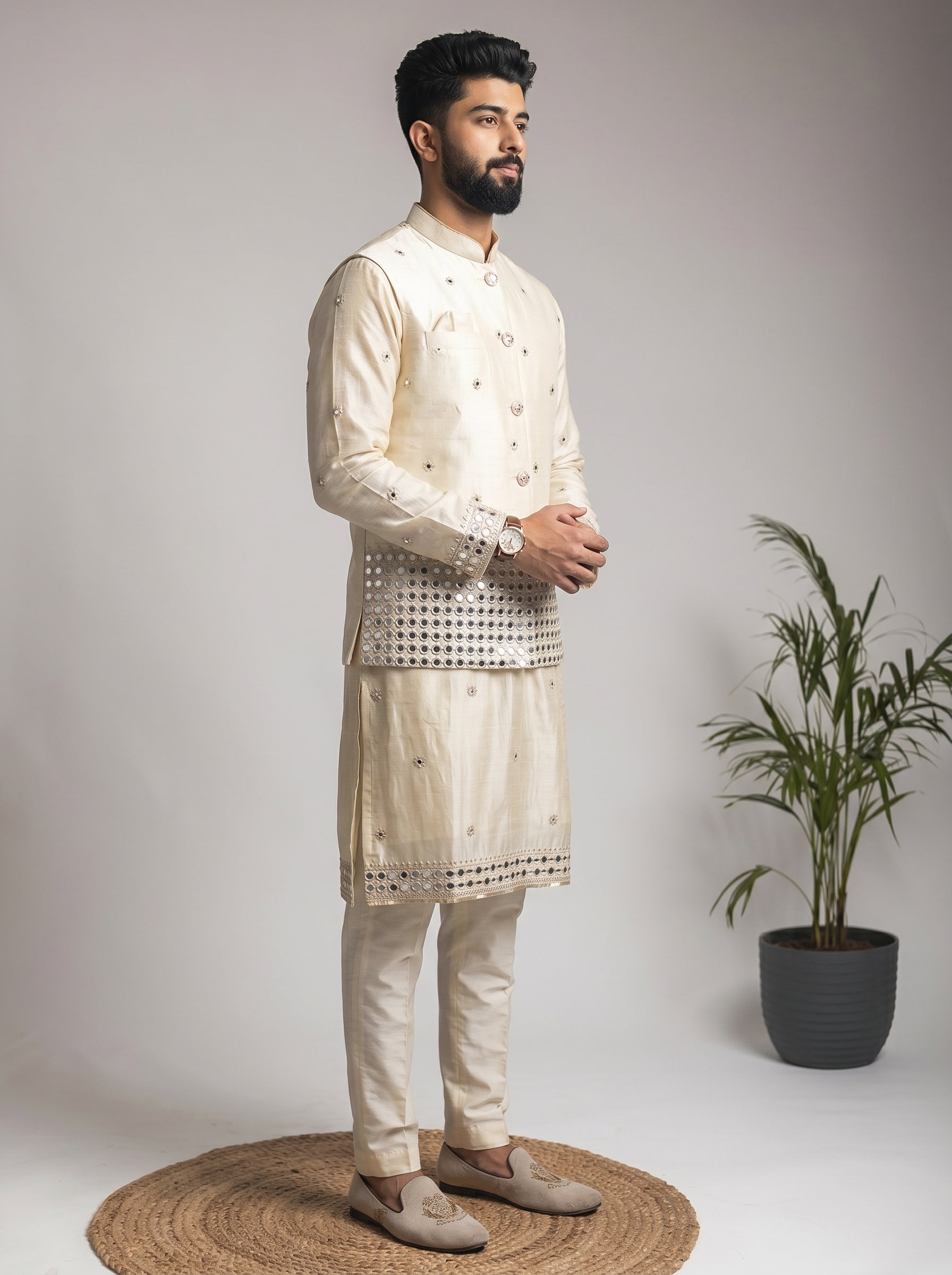 Aespen Beige Tissue Kurta Jacket Set For Men With Mirror Work Embroidery - Aespenfashion.com
