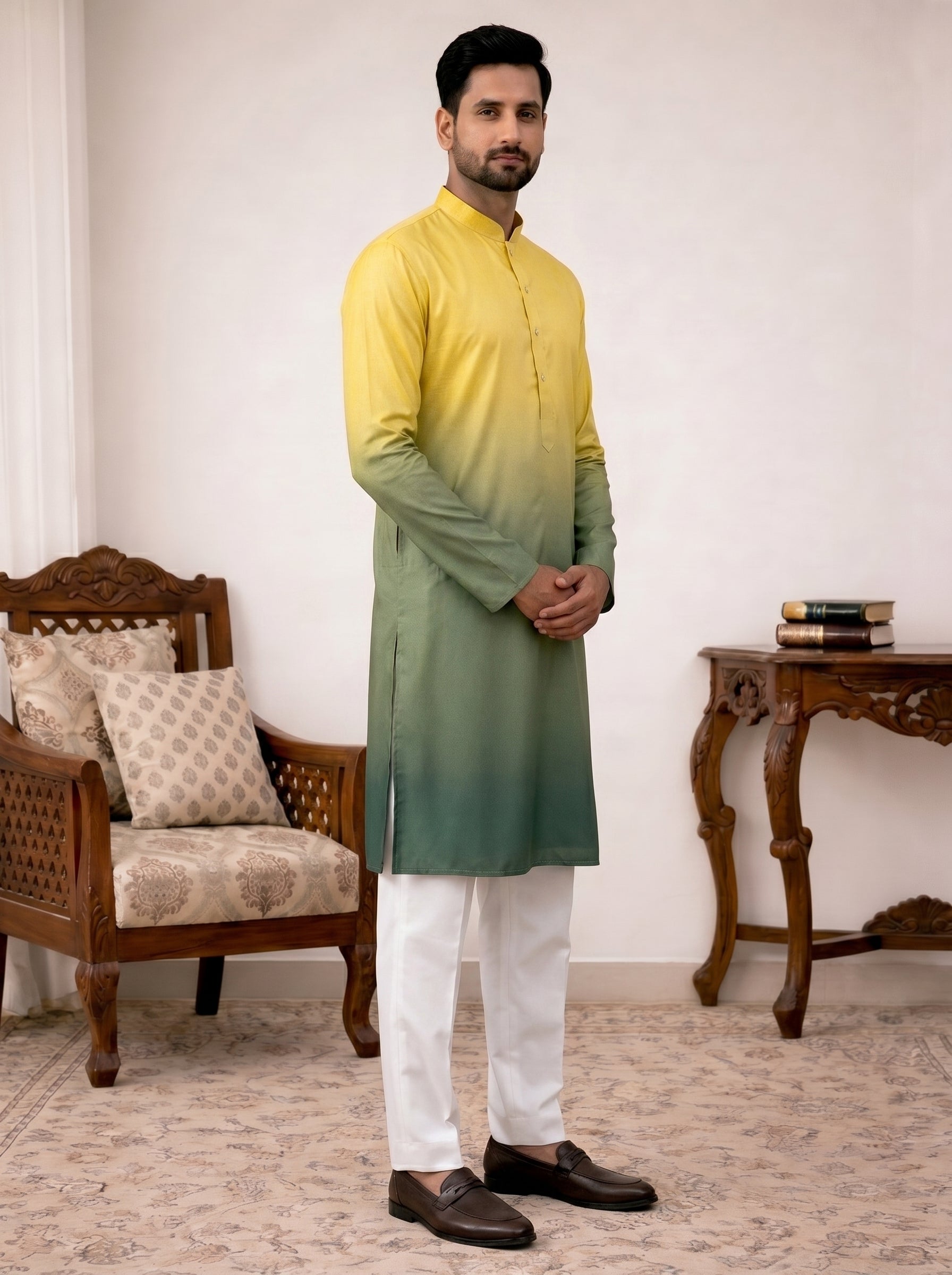 Aespen Yellow and Green Ombre Kurta For Men - Aespenfashion.com