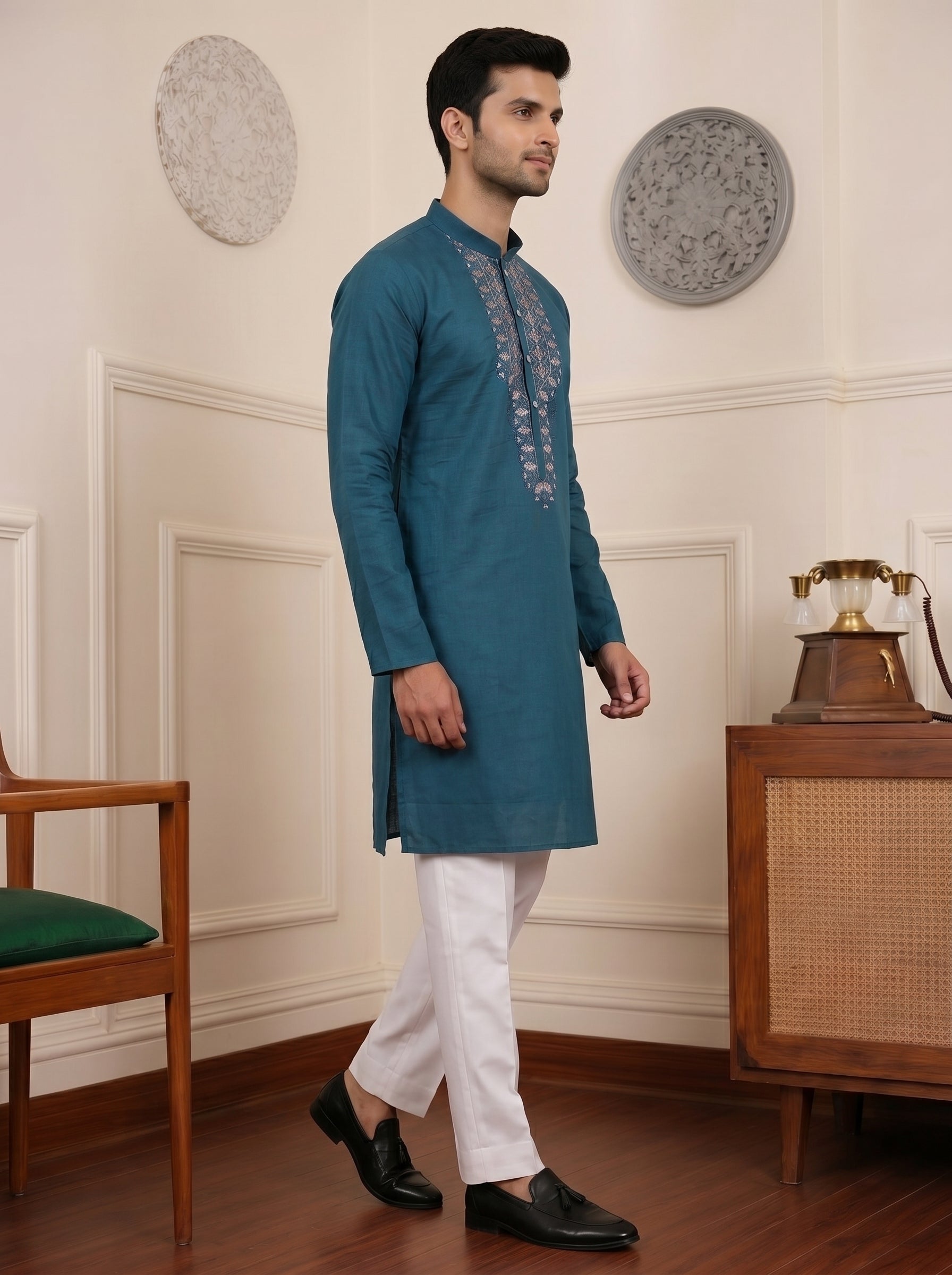 Aespen Teal Kurta For Men With Thread and Sequins Embroidery - Aespenfashion.com