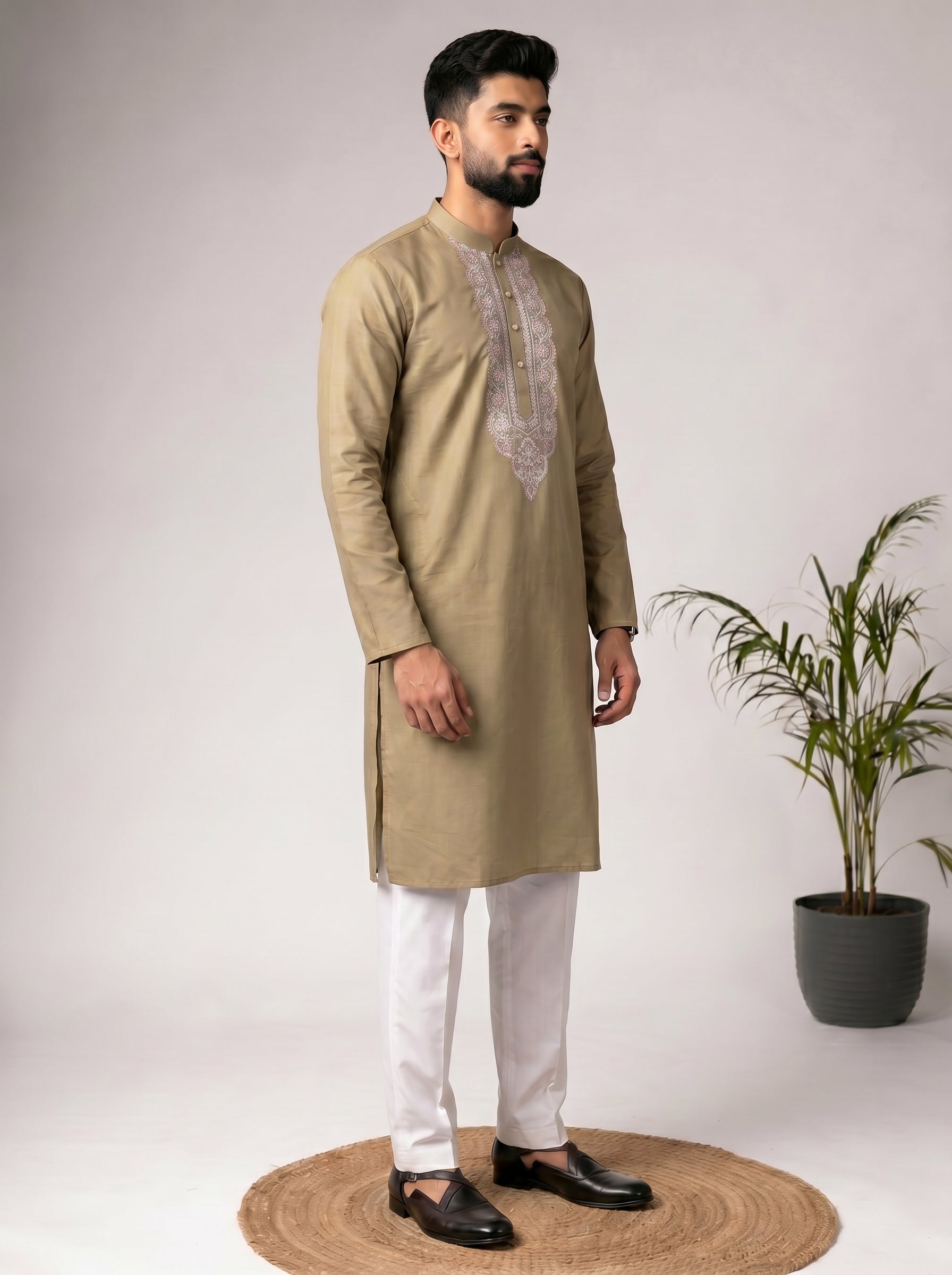 Aespen Olive Silk Kurta For Men With Thread and Sequins Embroidery - Aespenfashion.com
